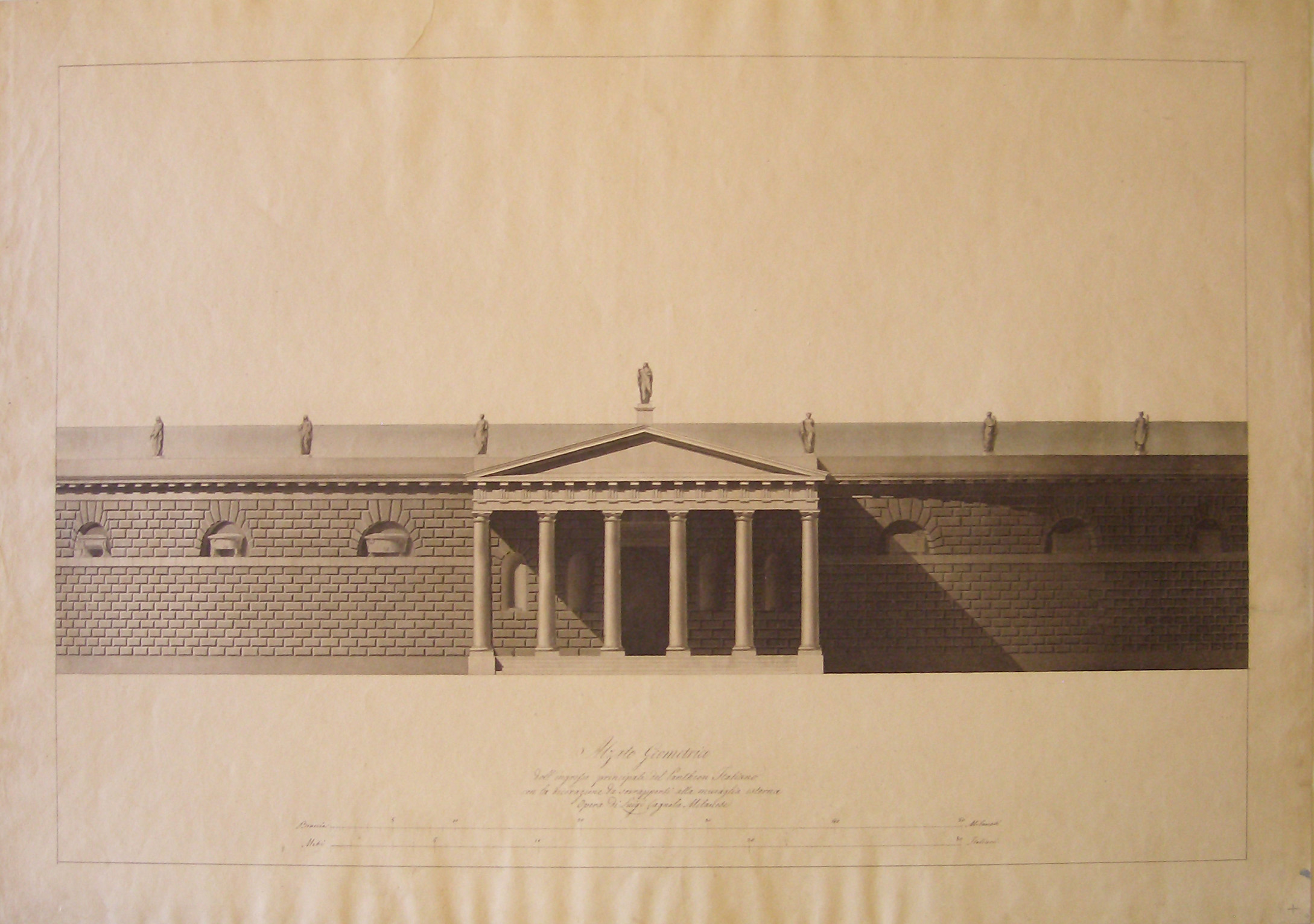 Alzato Geometrico dell'ingresso principale del Pantheon Italiano, Progetto architettonico: studio per il Pantheon Italiano presso l'ex Foppone dell'Ospedale Maggiore di Milano. Prospetto esterno del recinto (disegno architettonico) di Cagnola Luigi (sec. XIX)