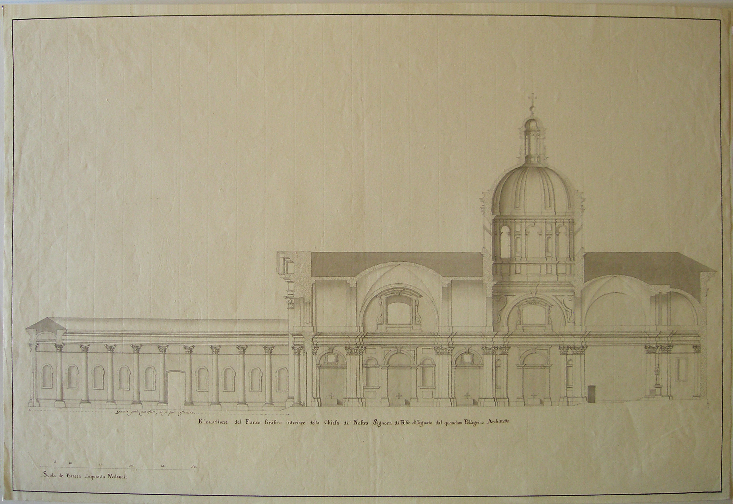 Progetto architettonico: studio per il completamento del Santuario della Madonna dei Miracoli di Rho. Sezione longitudinale e prospetto interno del portico (copia dall'originale del Pellegrini) (disegno architettonico) di Cagnola Luigi (sec. XVIII)