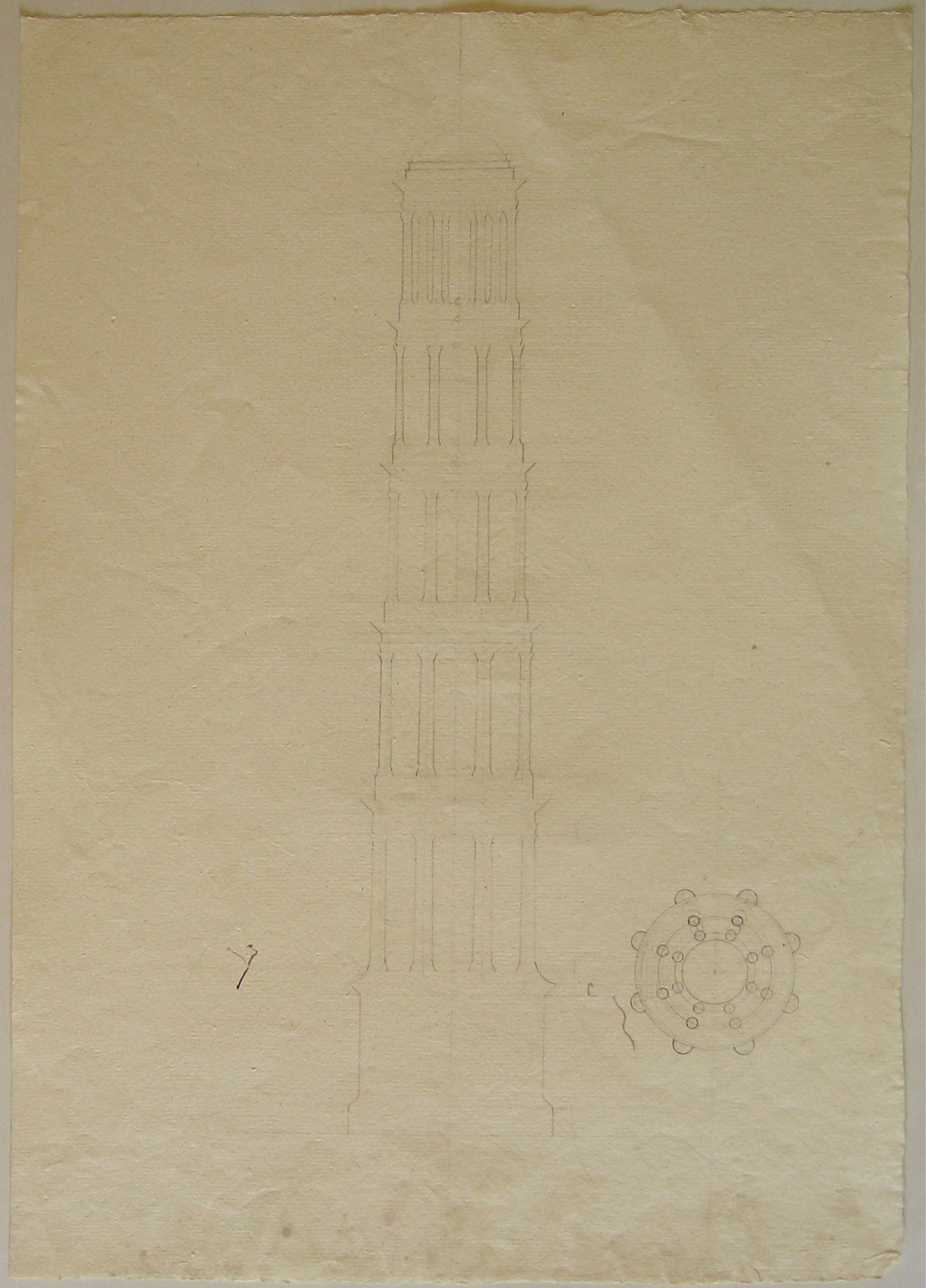 Progetto architettonico: studio per una torre campanaria a Urgnano. Prospetto e pianta (disegno architettonico) di Cagnola Luigi (sec. XIX)