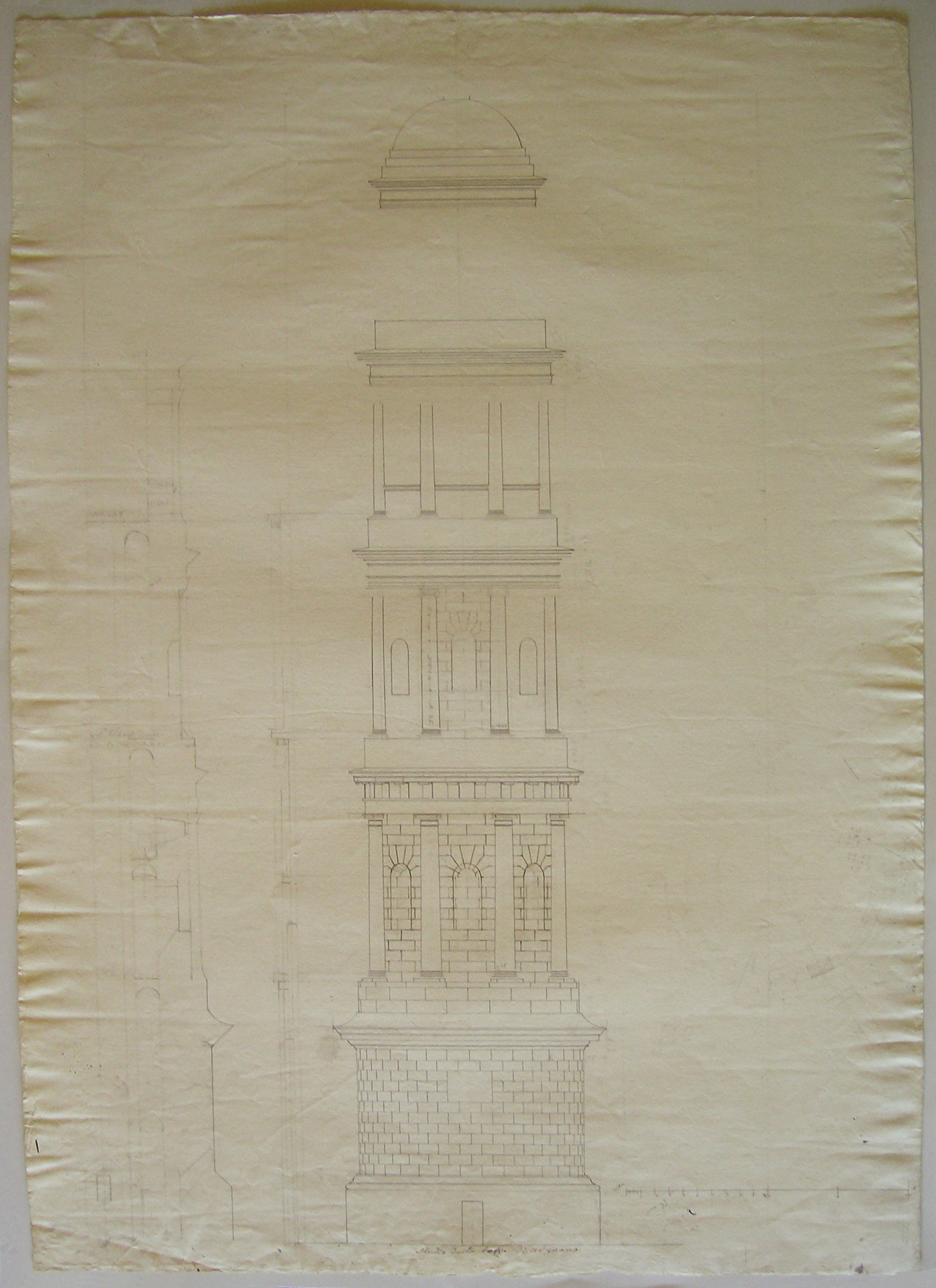 Studio della torre di Urgnano, Progetto architettonico: studio per una torre campanaria a Urgnano. Studi per il prospetto e la pianta (disegno architettonico) di Cagnola Luigi (sec. XIX)