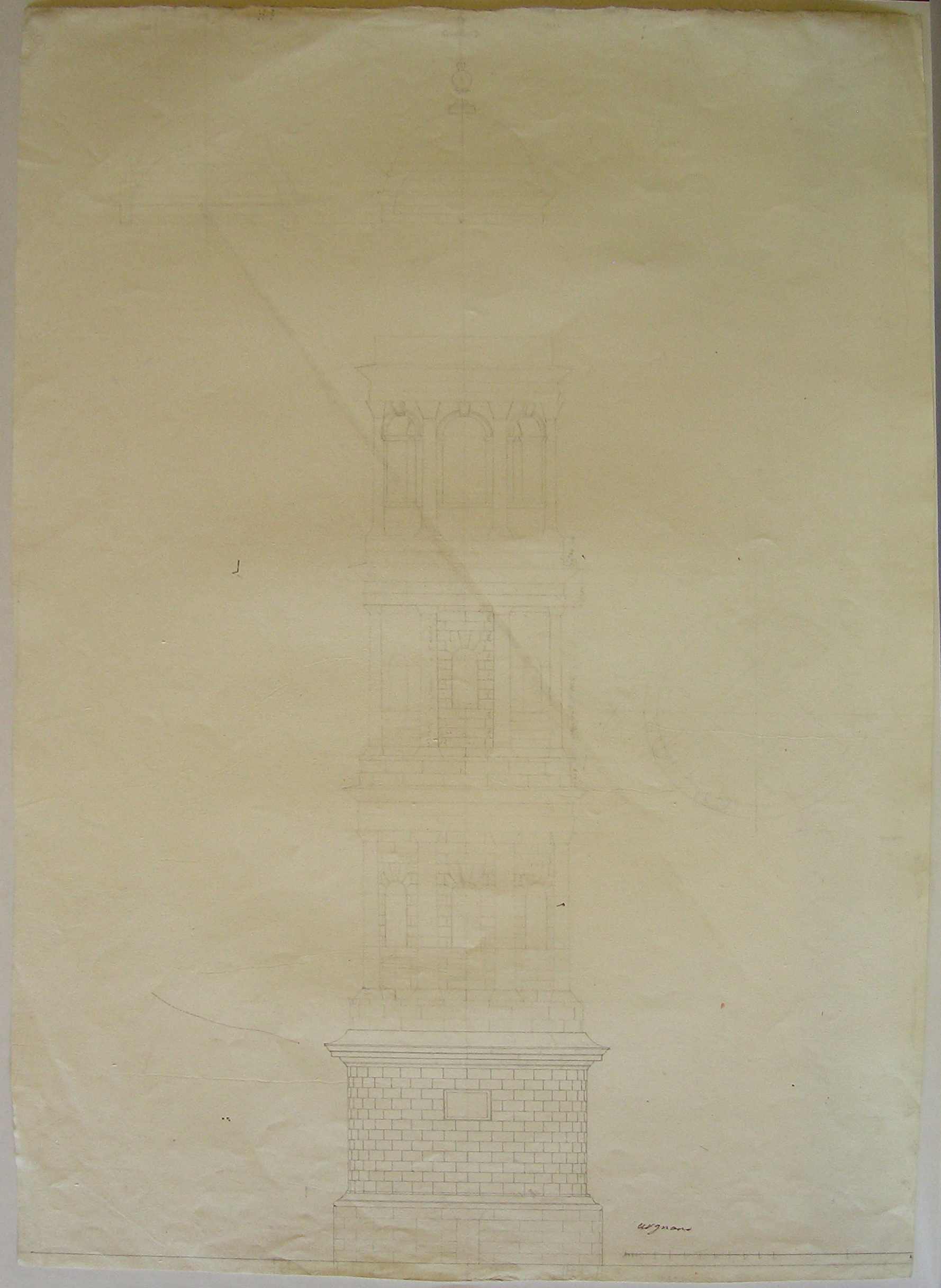 Progetto architettonico: studio per una torre campanaria a Urgnano. Studio per il prospetto e la pianta (disegno architettonico) di Cagnola Luigi (sec. XIX)