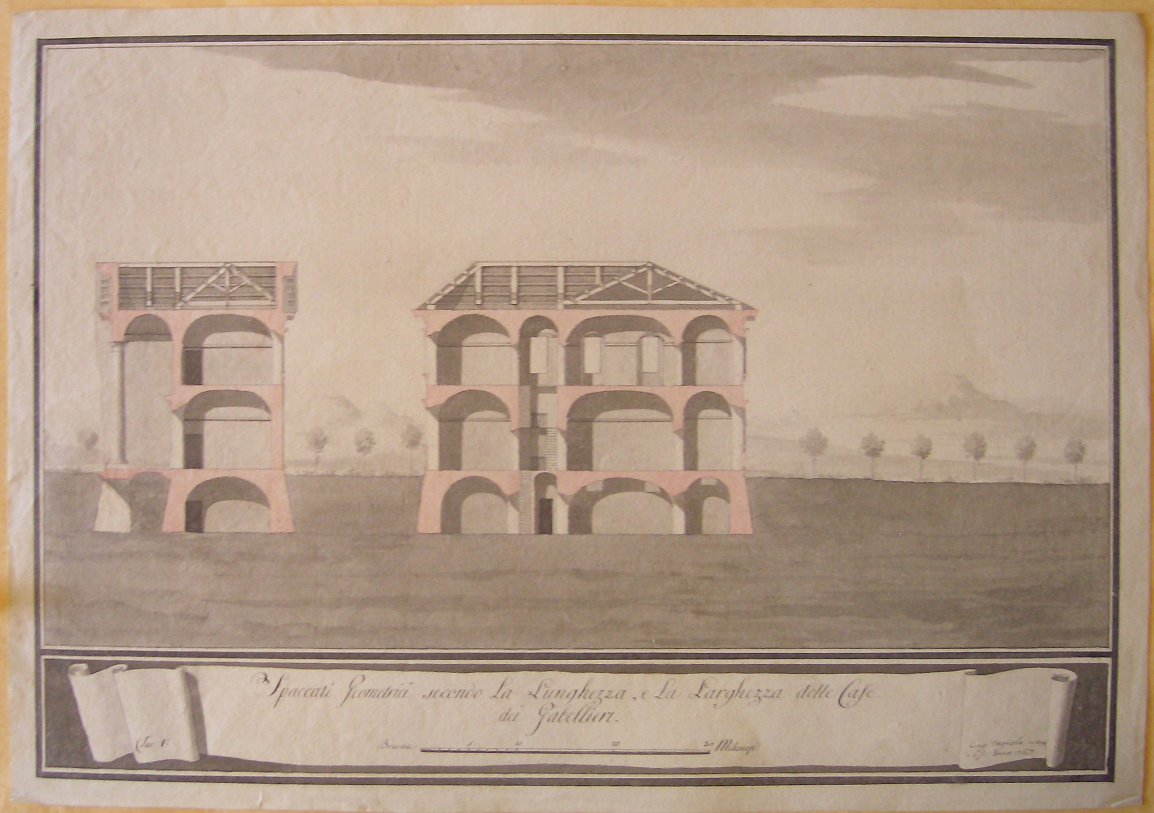 Spaccati Geometrci secondo la Lunghezza e la Larghezza delle Case dei Gabellieri, Progetto architettonico: Barriera di Porta Orientale - Sezione trasversale e longitudinale di un casello (prima variante) (disegno architettonico, opera isolata) di Cagnola Luigi (attribuito) (sec. XIX)