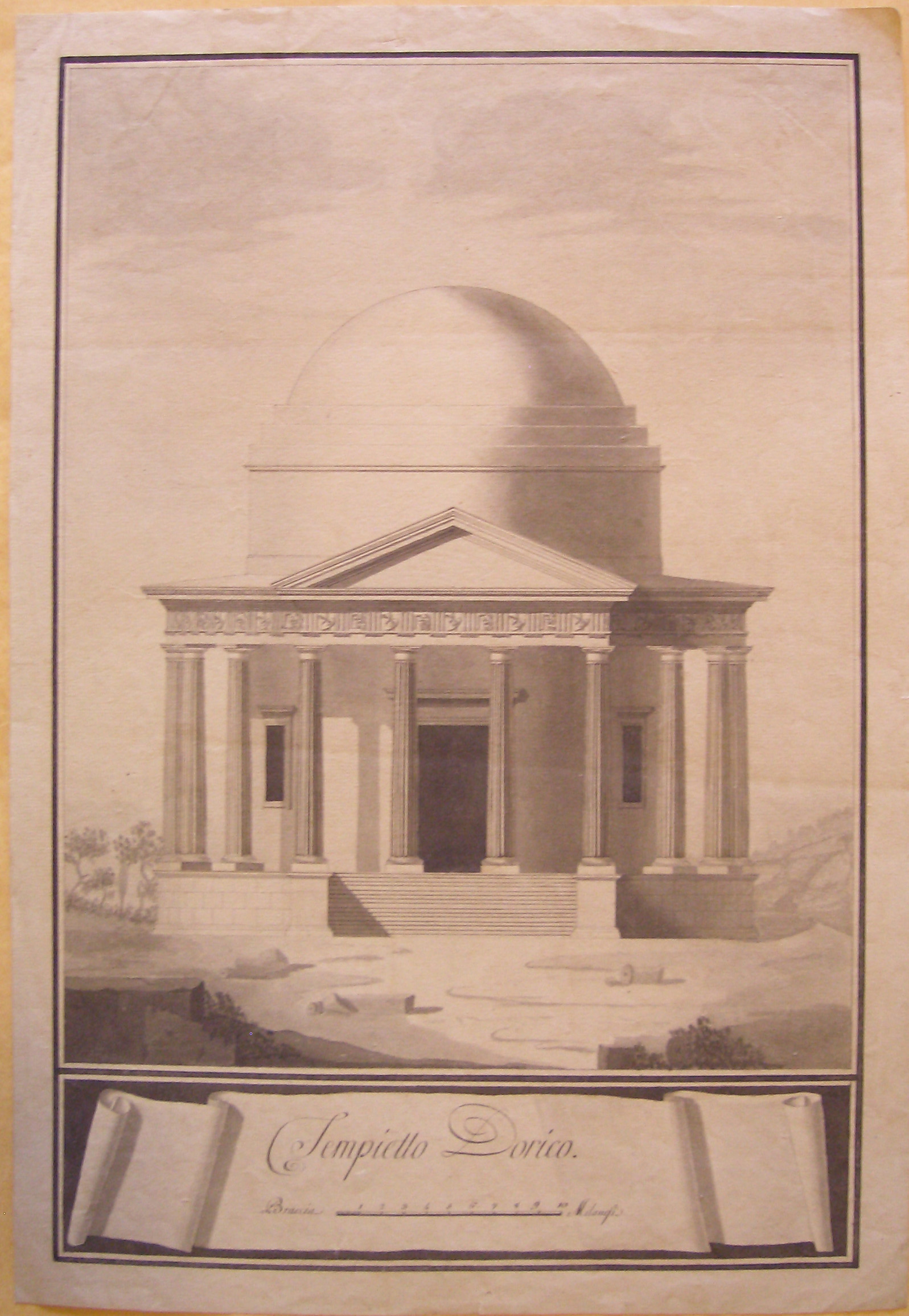 Tempietto Dorico, Progetto architettonico: Tempietto di ordine dorico - Prospetto (disegno architettonico, opera isolata) di Cagnola Luigi (attribuito) (sec. XIX)