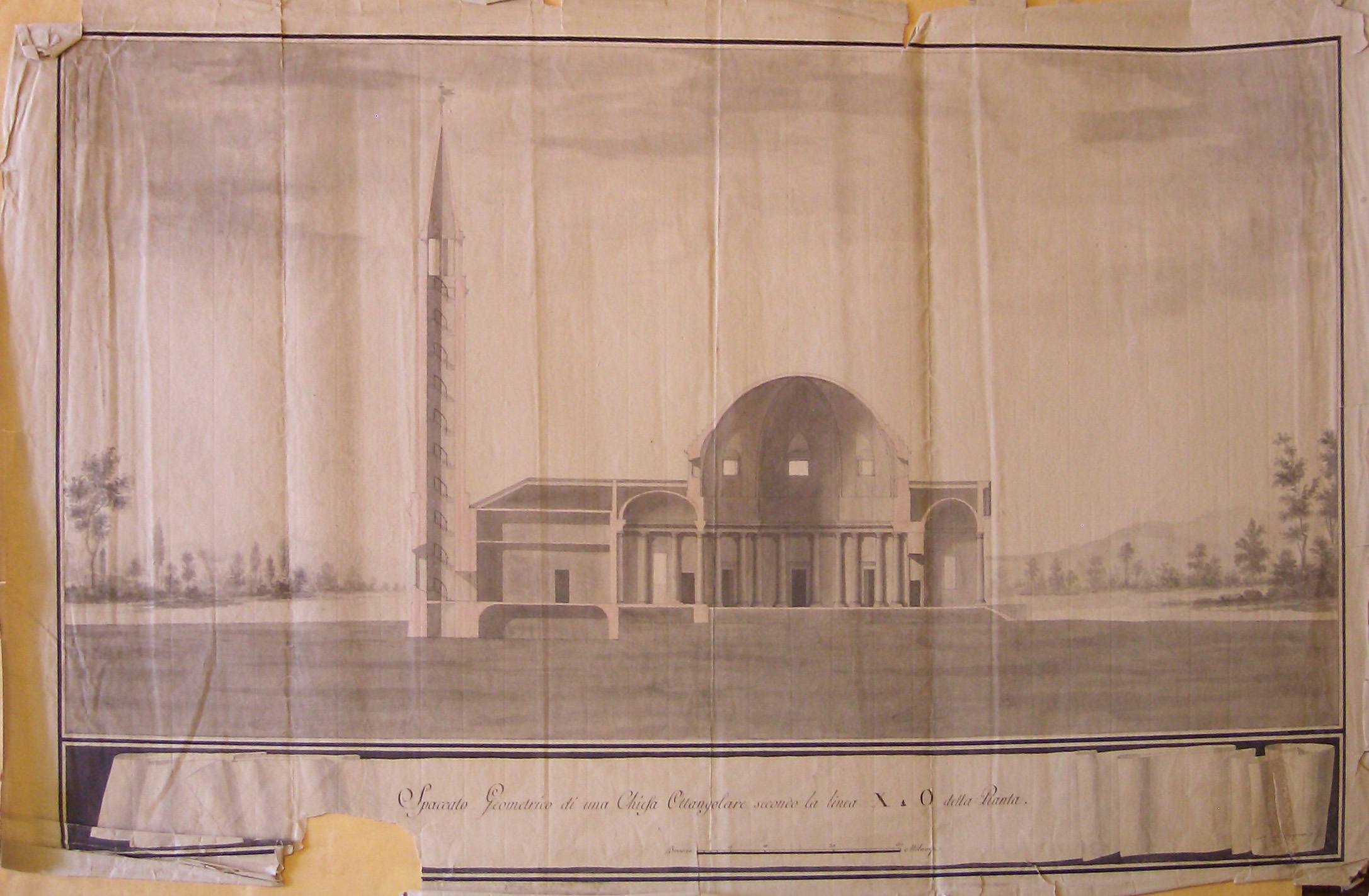 Spaccato Geometrico di una Chiesa Ottangolare secondo la linea XO della Pianta, Progetto architettonico: Chiesa Ottagonale a Milano - Sezione longitudinale (disegno architettonico, opera isolata) di Cagnola Luigi (attribuito) (sec. XIX)