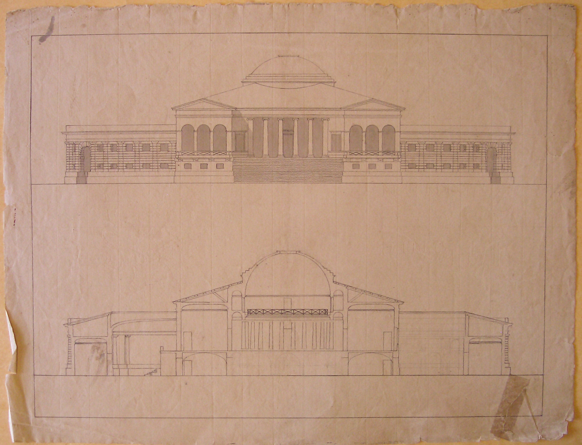 Progetto architettonico: Edificio con cupola - Prospetto e Sezione (disegno architettonico, opera isolata) di Cagnola Luigi (attribuito) (sec. XIX)
