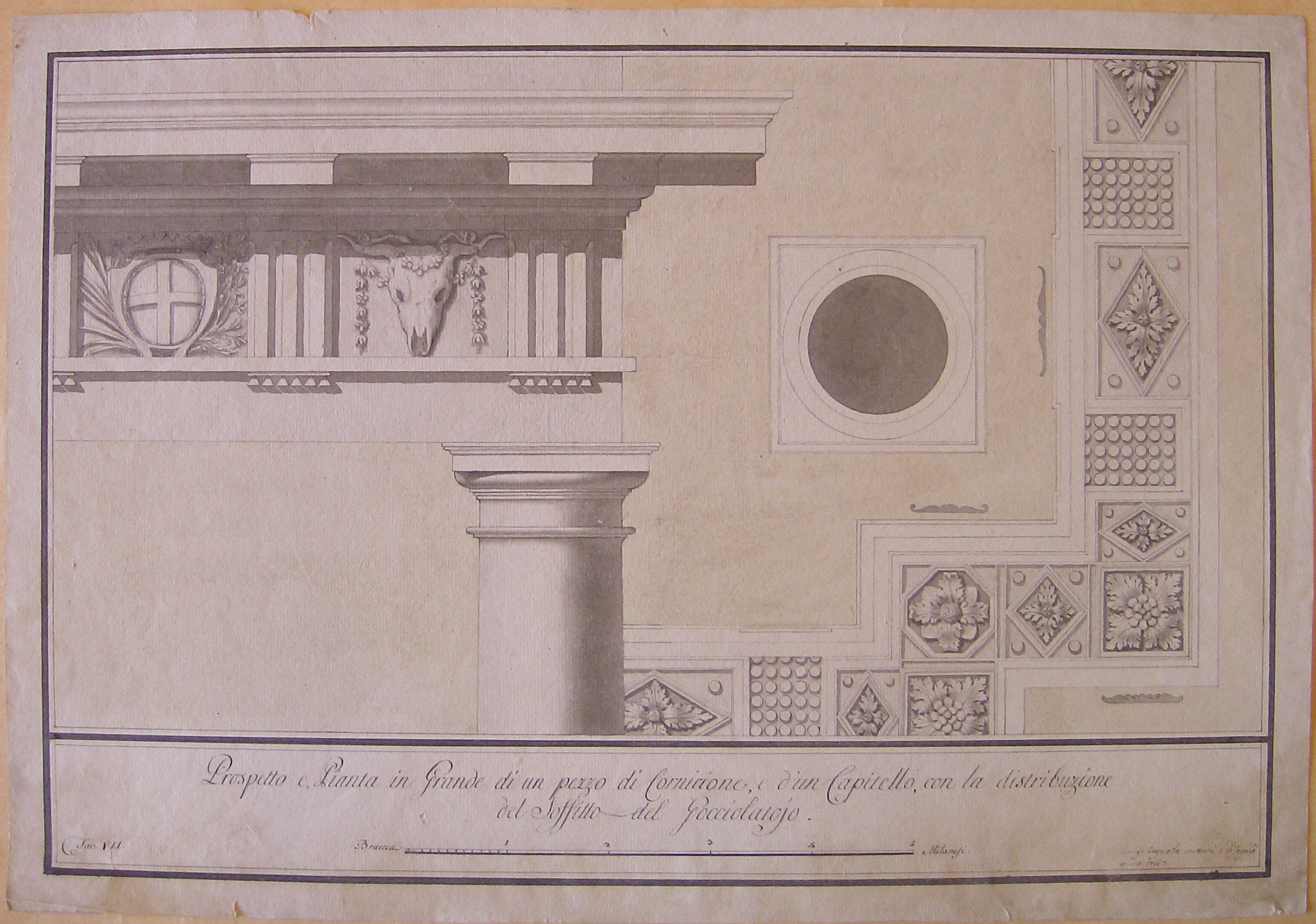 Prospetto e Pianta in grande di un pezzo di Cornicione, e d'un Capitello, Progetto architettonico: Barriera di Porta Orientale - Dettagli dell'ordine e della trabeazione di un casello (prima variante) (disegno architettonico, opera isolata) di Cagnola Luigi (attribuito) (sec. XIX)