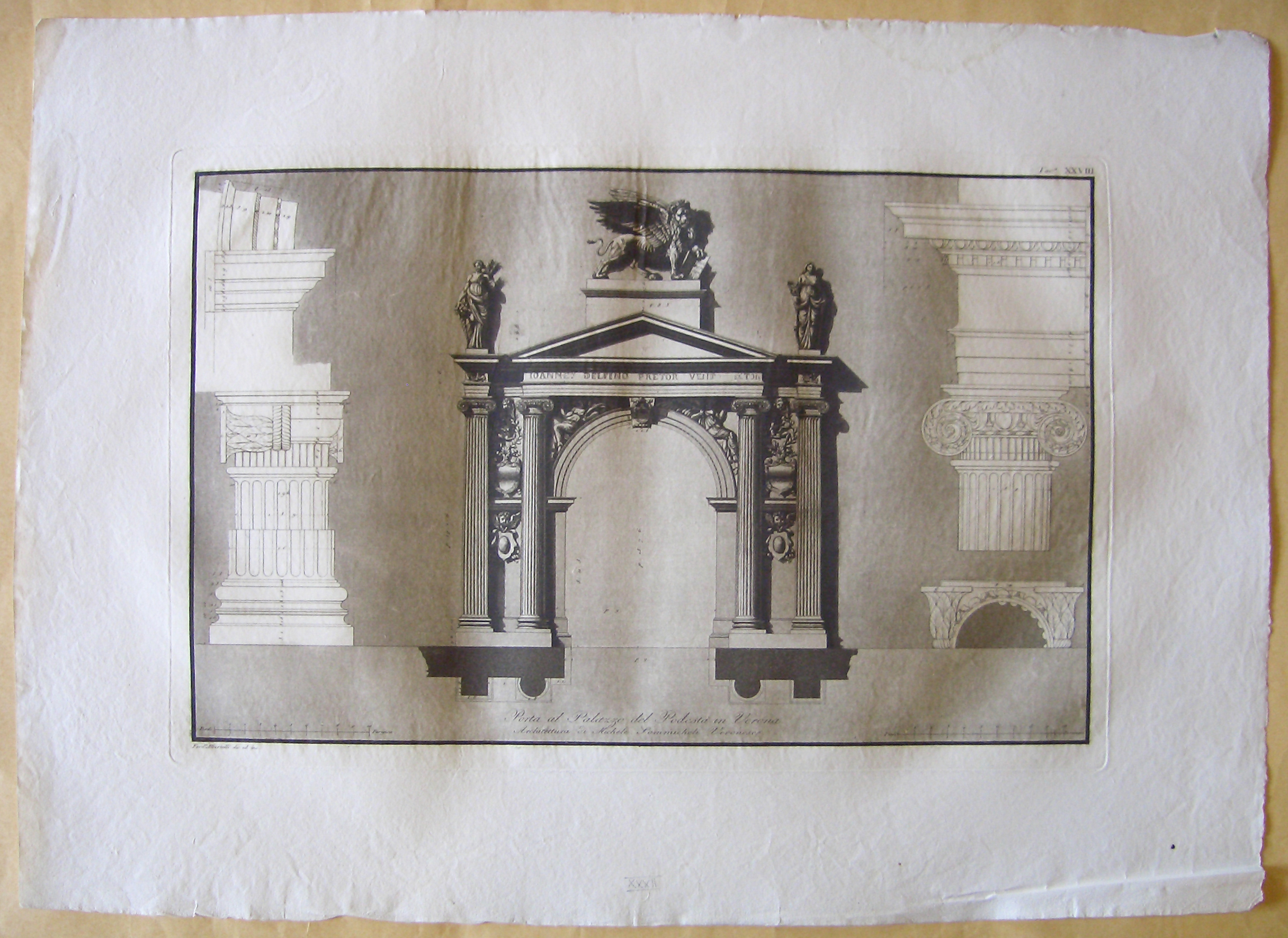 Porta al palazzo del Podestà in Verona, progetto architettonico: dettagli della porta al palazzo del Podestà di Verona (stampa) di Albertolli Ferdinando (sec. XIX)
