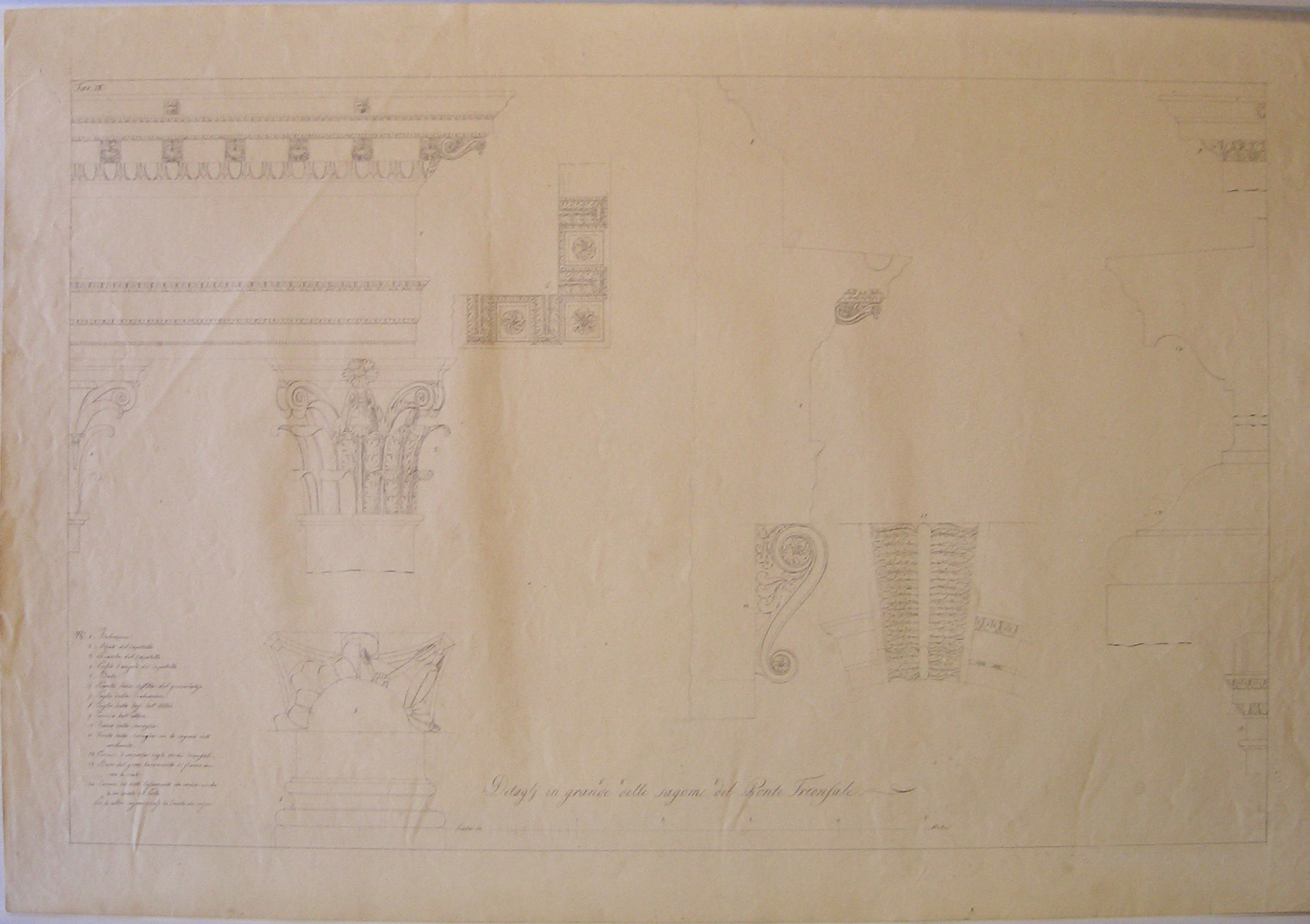 Dettagli in grande delle sagome del ponte trionfale, Milano. Progetto per un ponte trionfale. Dettagli dell'ordine e della trabeazione (disegno architettonico, opera isolata) di Cagnola Luigi (attribuito) (prima metà sec. XIX)