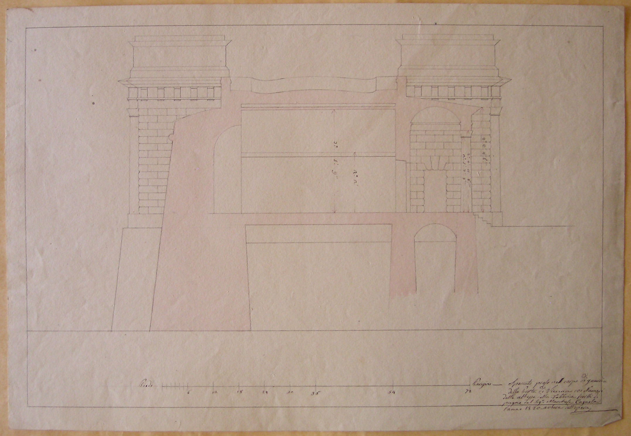 Spaccato preso nel corpo di guardia della Porta di Vienna, Progetto architettonico: Burghtor a Vienna - Sezione trasversale (disegno architettonico, opera isolata) di Cagnola Luigi (attribuito) (sec. XIX)