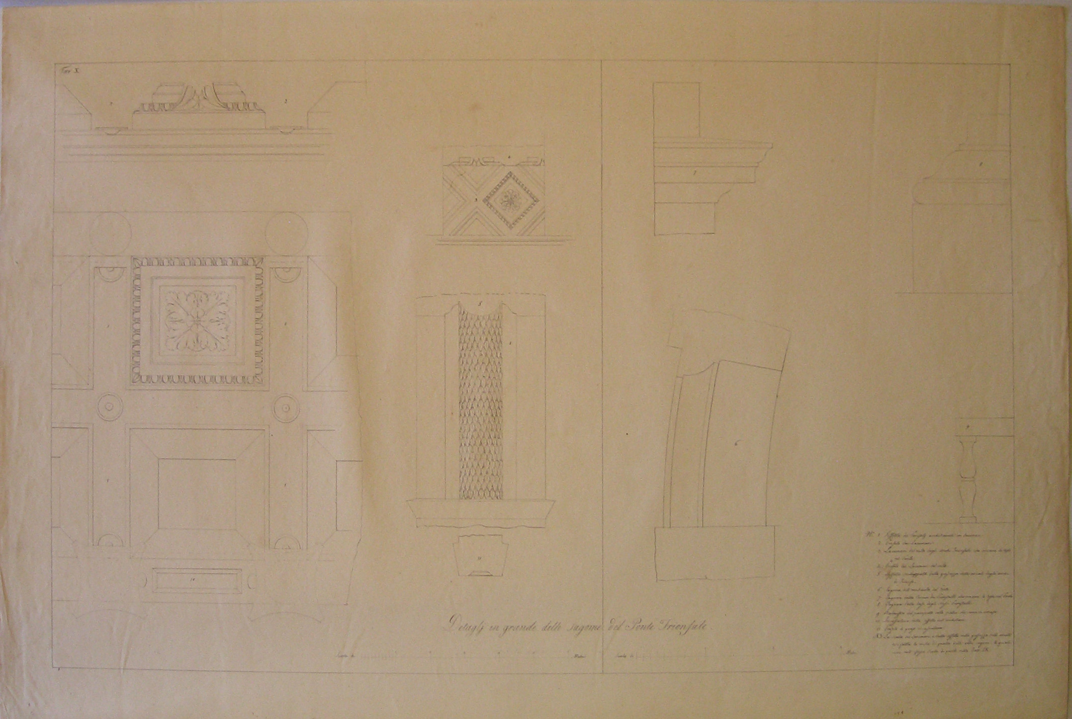 Dettagli in grande delle sagome del ponte trionfale, Milano. Progetto per un ponte trionfale. Dettagli dell'arco e della volta (disegno architettonico, opera isolata) di Cagnola Luigi (attribuito) (prima metà sec. XIX)