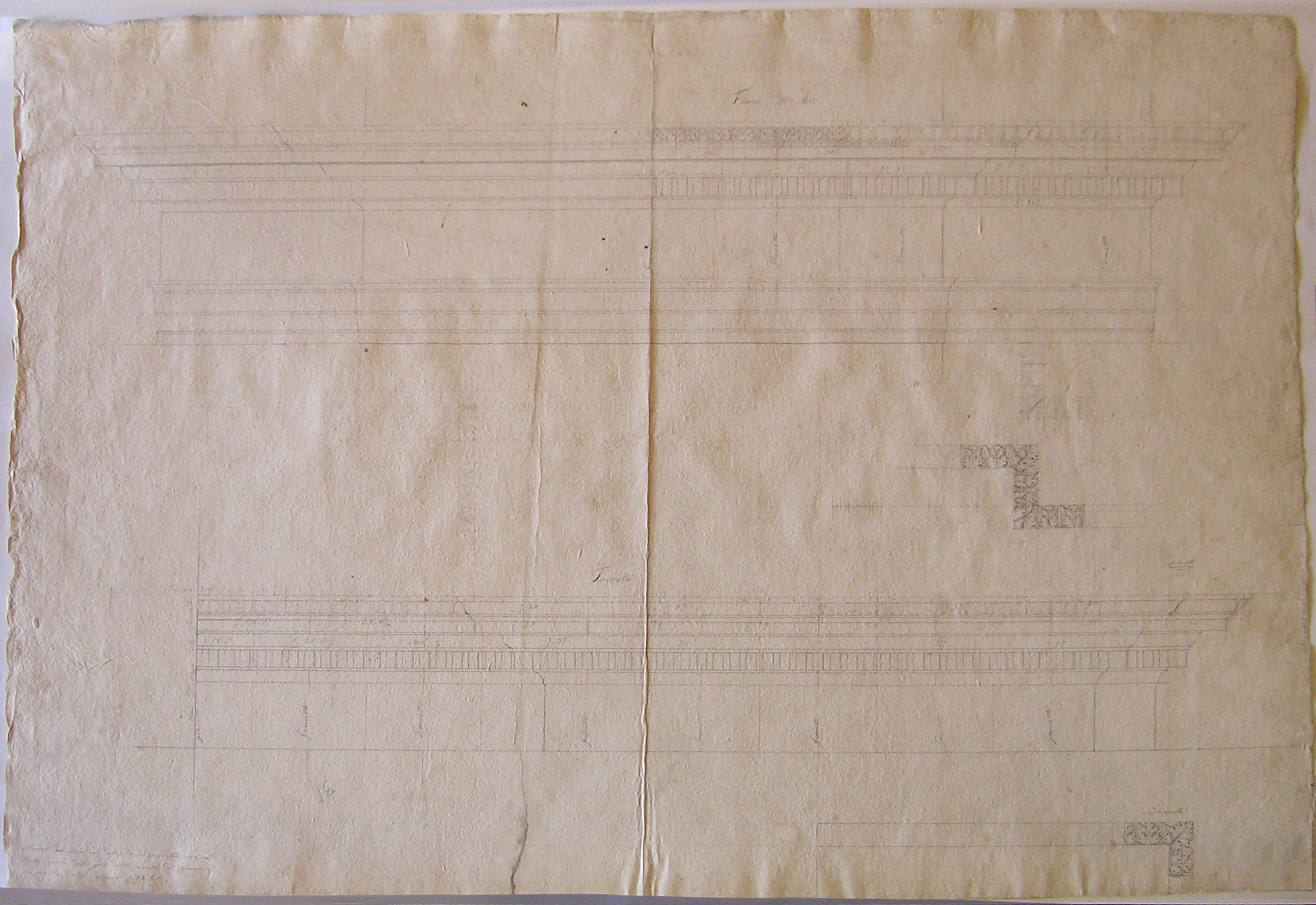 Disegno di cornici dell'arco della pace (recto); pianta (verso), Milano. Progetto per l'arco della Pace. Dettaglio di cornici (disegno architettonico, opera isolata) di Cagnola Luigi (attribuito) (prima metà sec. XIX)