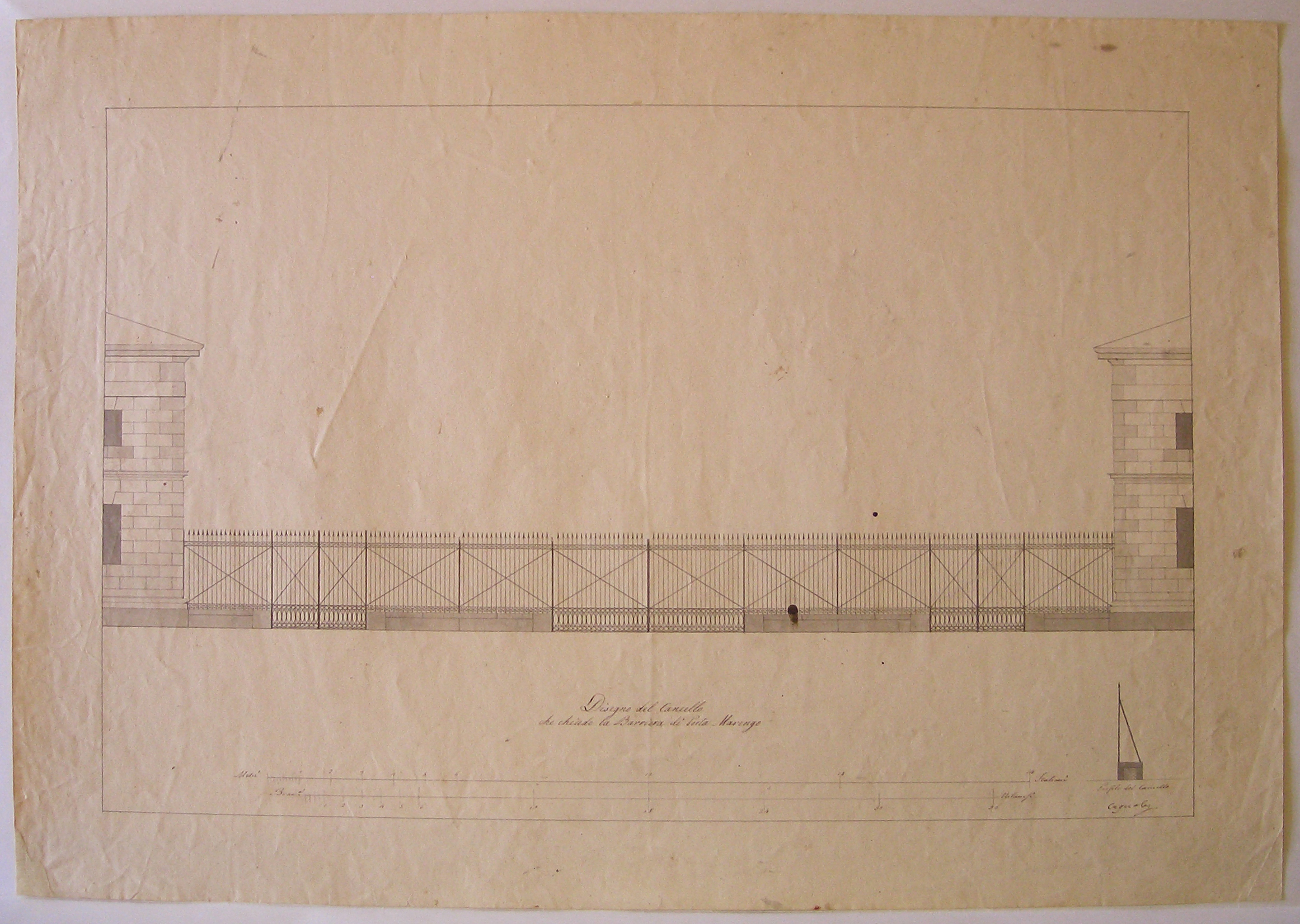 Disegno del cancello che chiude la barriera di Porta Marengo, Milano. Progetto per Porta Ticinese. Prospetto dei caselli e della cancellata verso la campagna (disegno architettonico, opera isolata) di Cagnola Luigi (attribuito) (primo quarto sec. XIX)