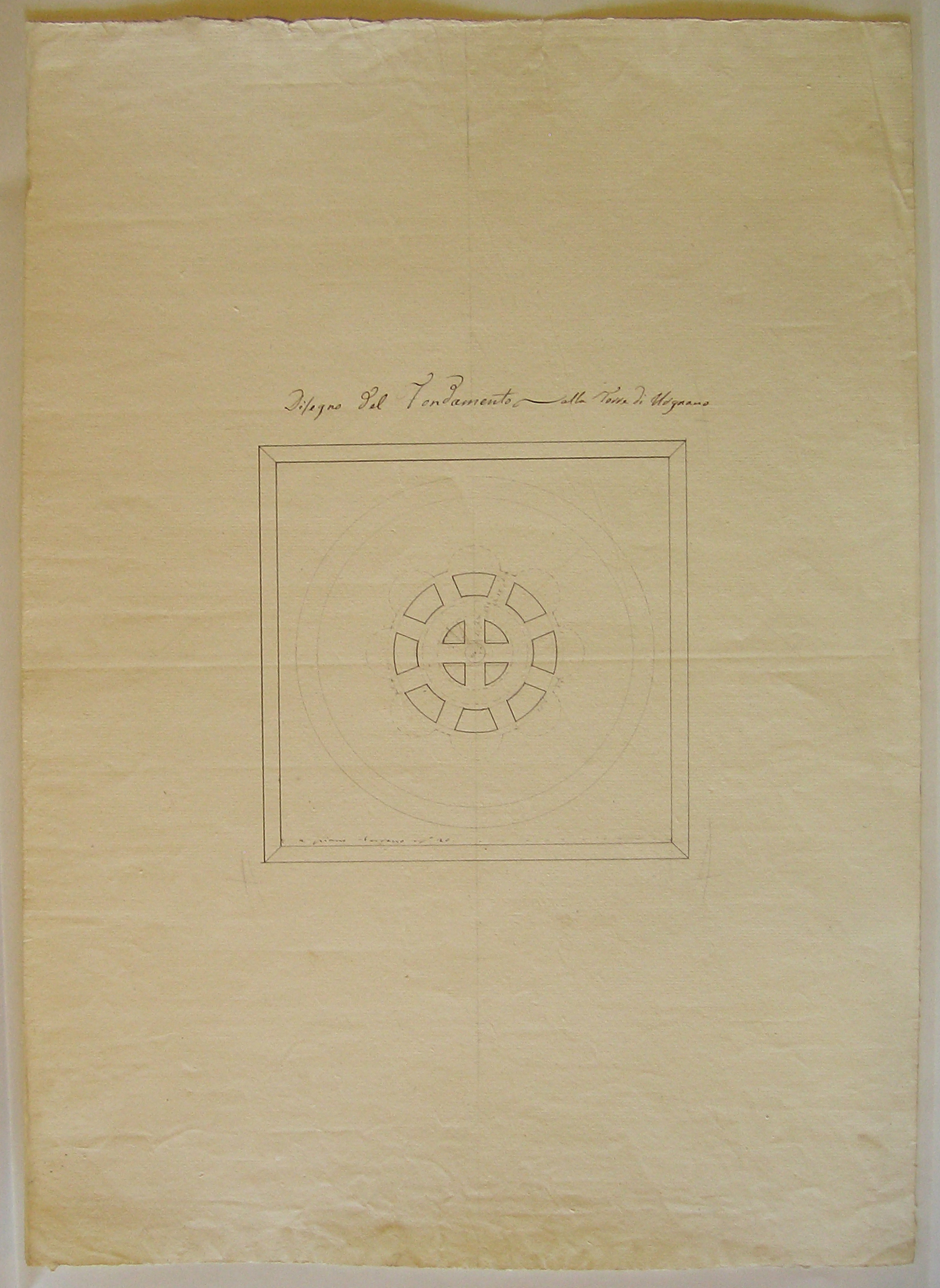 Disegno del Fondamento della Torre di Urgnano, Progetto architettonico: studio per una torre campanaria a Urgnano. Pianta del basamento (disegno architettonico) di Cagnola Luigi (sec. XIX)