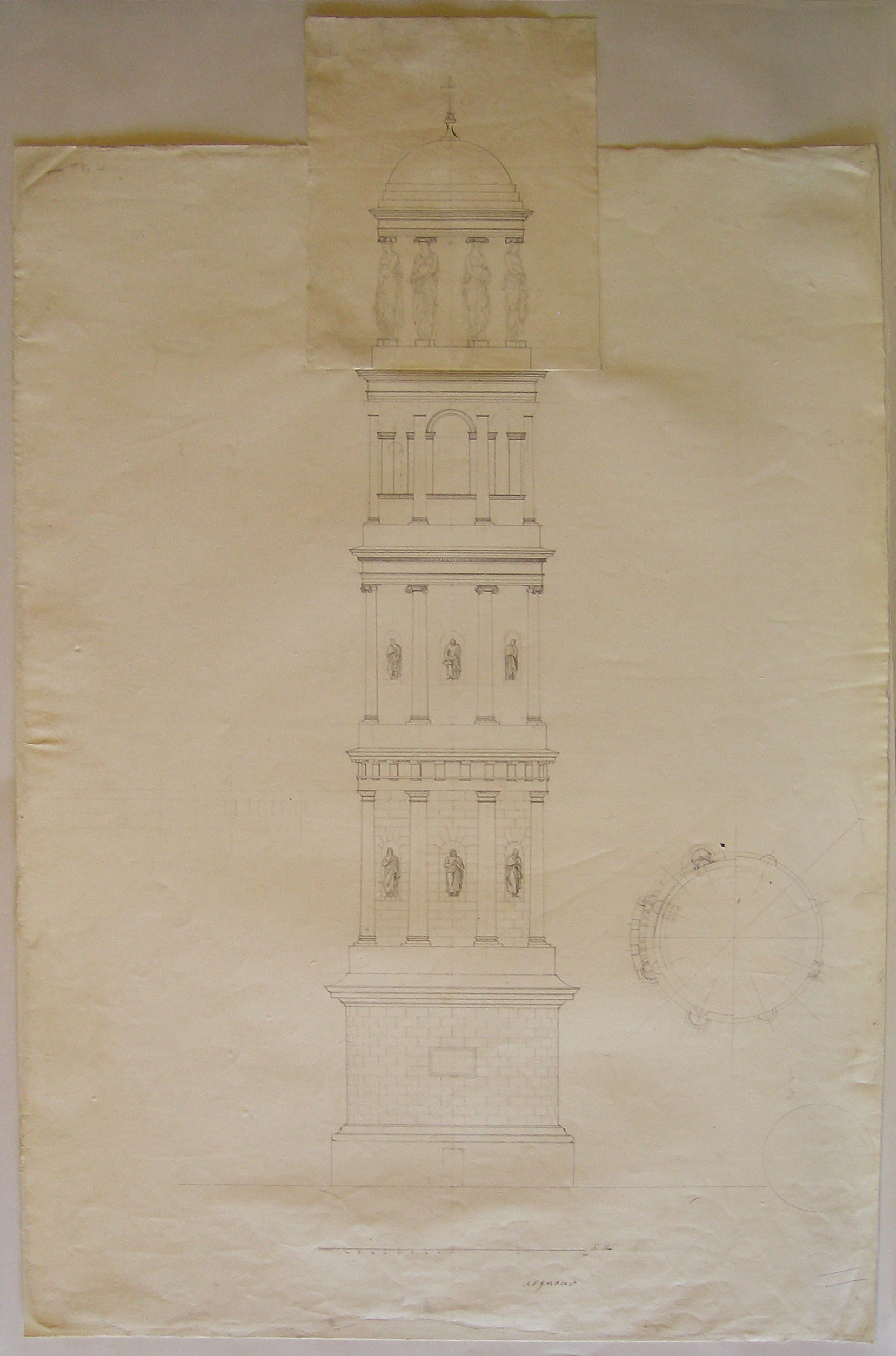 Progetto architettonico: studio per una torre campanaria a Urgnano. Prospetto e pianta (disegno architettonico) di Cagnola Luigi (sec. XIX)