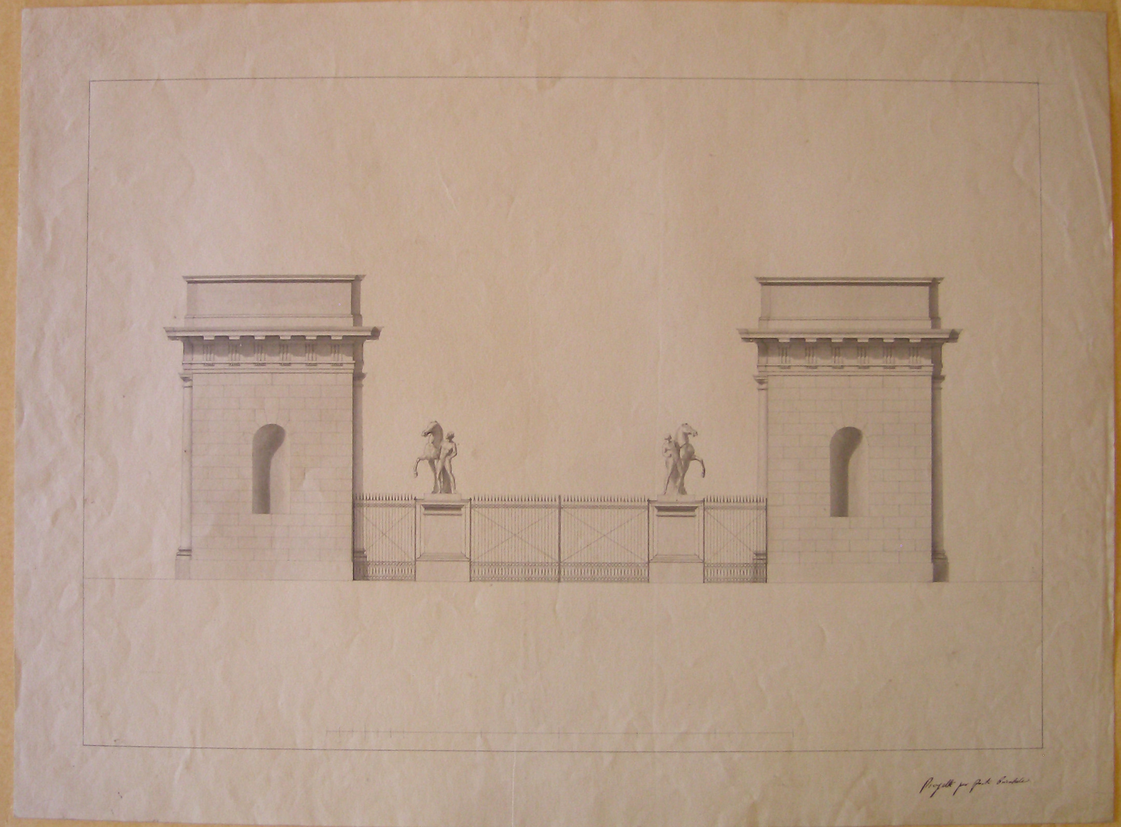 Progetto per Porta Orientale, Milano. Progetto per i caselli daziari a Porta Orientale. Prospetto dei fianchi (disegno architettonico, opera isolata) di Cagnola Luigi (attribuito) (sec. XIX)