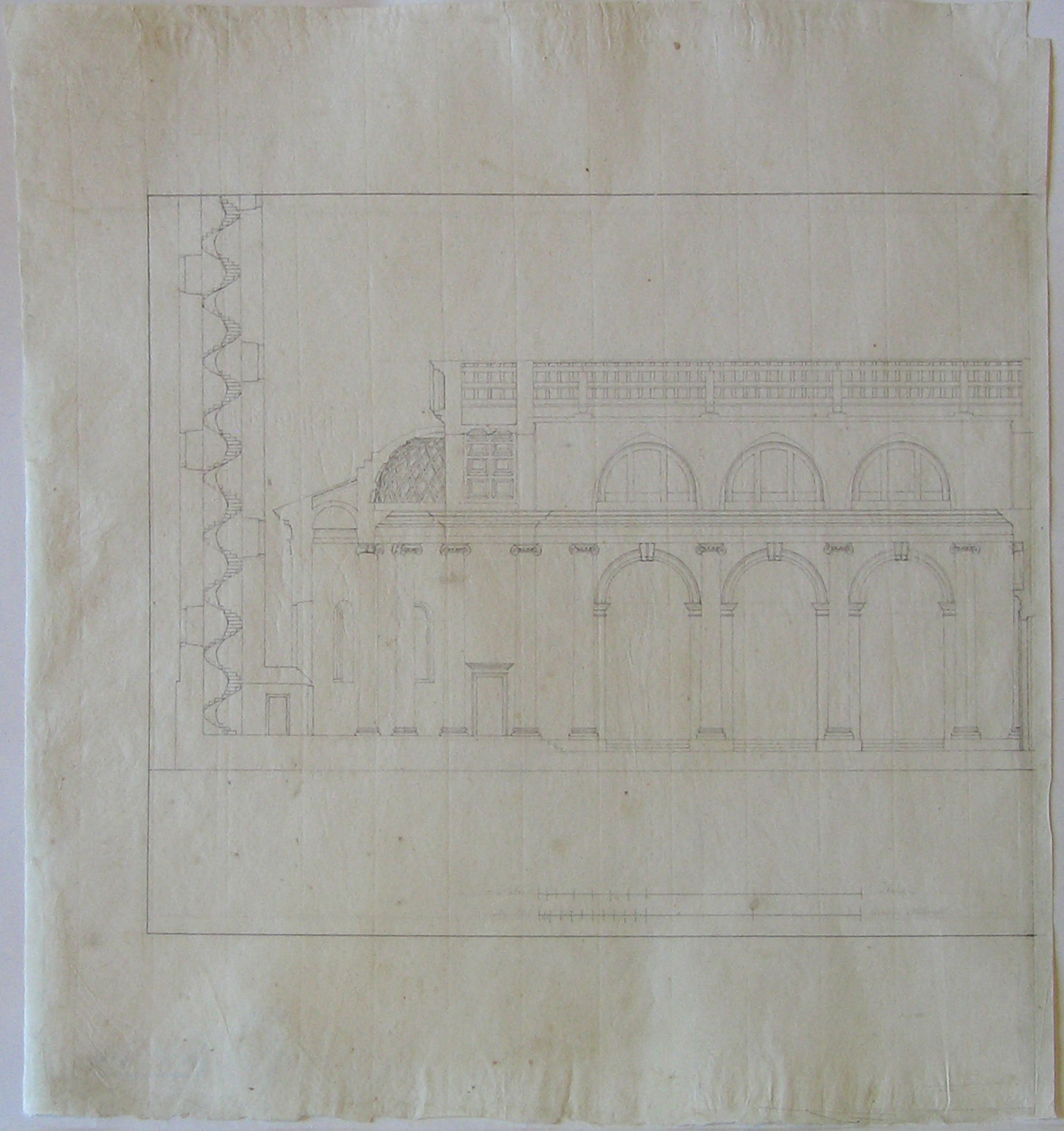 Progetto architettonico: chiesa dei Santi Cosma e Damiano a Concorezzo. Sezione longitudinale (incompleta) (disegno architettonico) di Cagnola Luigi (sec. XIX)