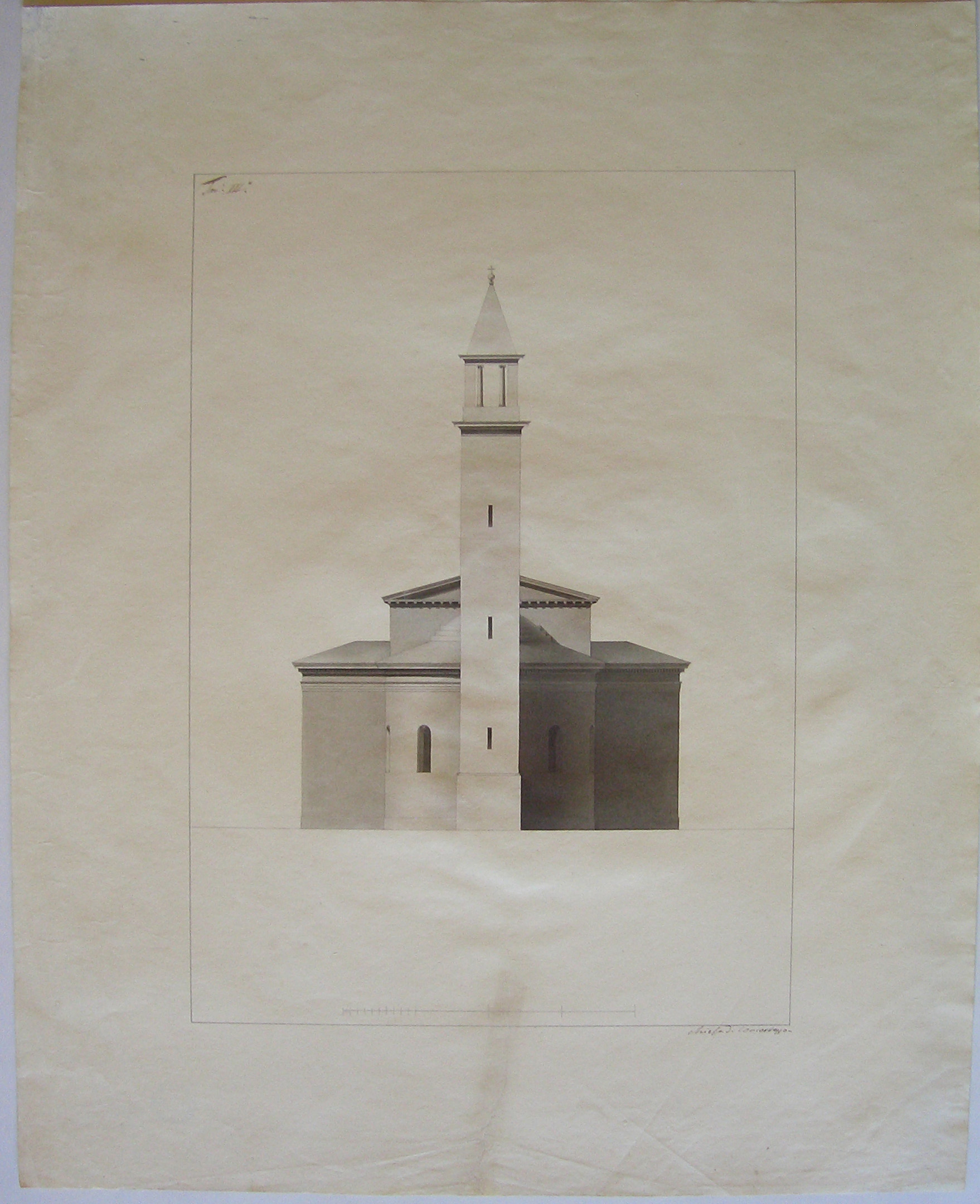 Progetto architettonico: chiesa dei Santi Cosma e Damiano a Concorezzo. Prospetto del fronte posteriore (disegno architettonico) di Cagnola Luigi (sec. XIX)