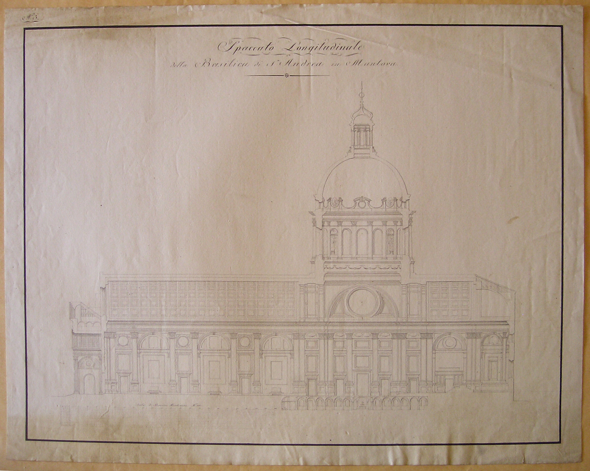 Spaccato longitudinale della Basilica di S. Andrea in Mantova, Progetto architettonico: basilica di Sant'Andrea a Mantova. Sezione longitudinale della chiesa e della parte sotterranea (disegno architettonico) di Nava Ambrogio (attribuito) (sec. XIX)
