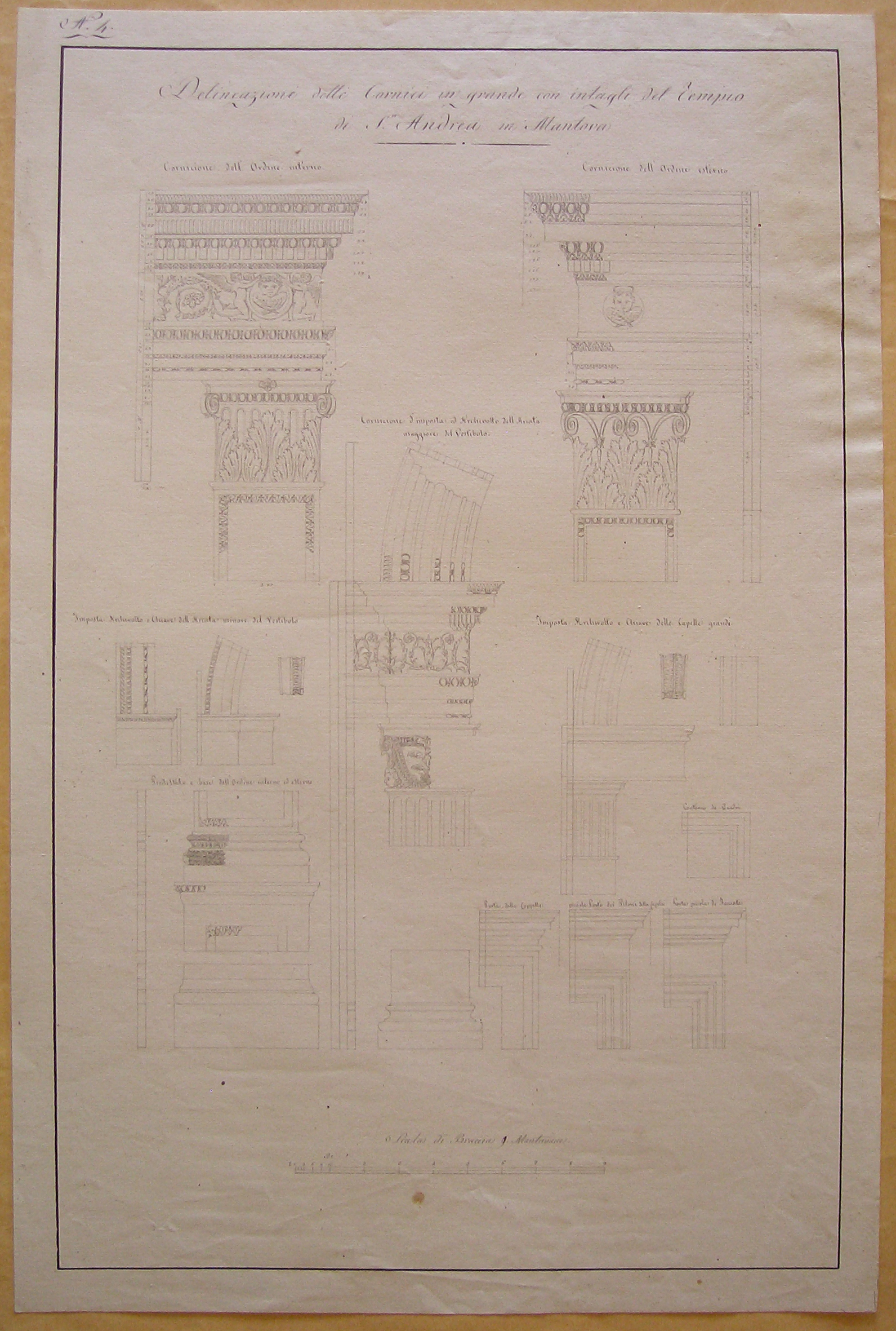 Delineazioni delli Cornici in grande con intagli del tempio di S. Andrea in Mantova, Progetto architettonico: basilica di Sant'Andrea a Mantova. Studi per le cornici (disegno architettonico) di Nava Ambrogio (attribuito) (sec. XIX)