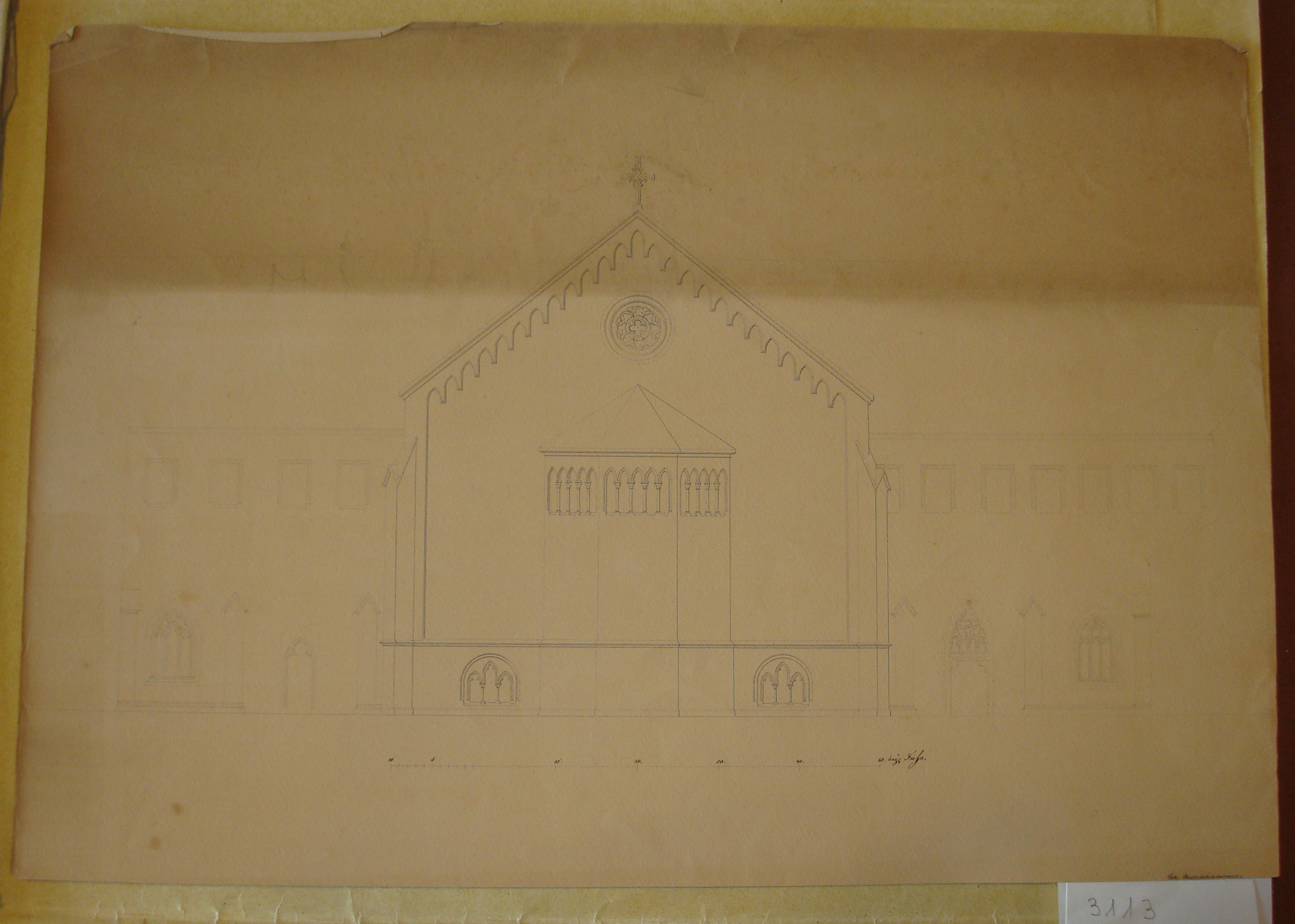 Progetto architettonico: tempio gotico entro recinto. Alzato della parte absidale (disegno architettonico) di Auernhammer (sec. XIX)