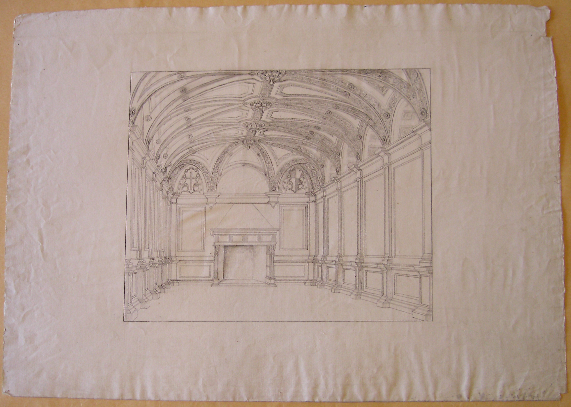 Progetto architettonico: veduta prospettica di sala rinascimentale (disegno architettonico) di Nava Ambrogio (attribuito) (sec. XIX)