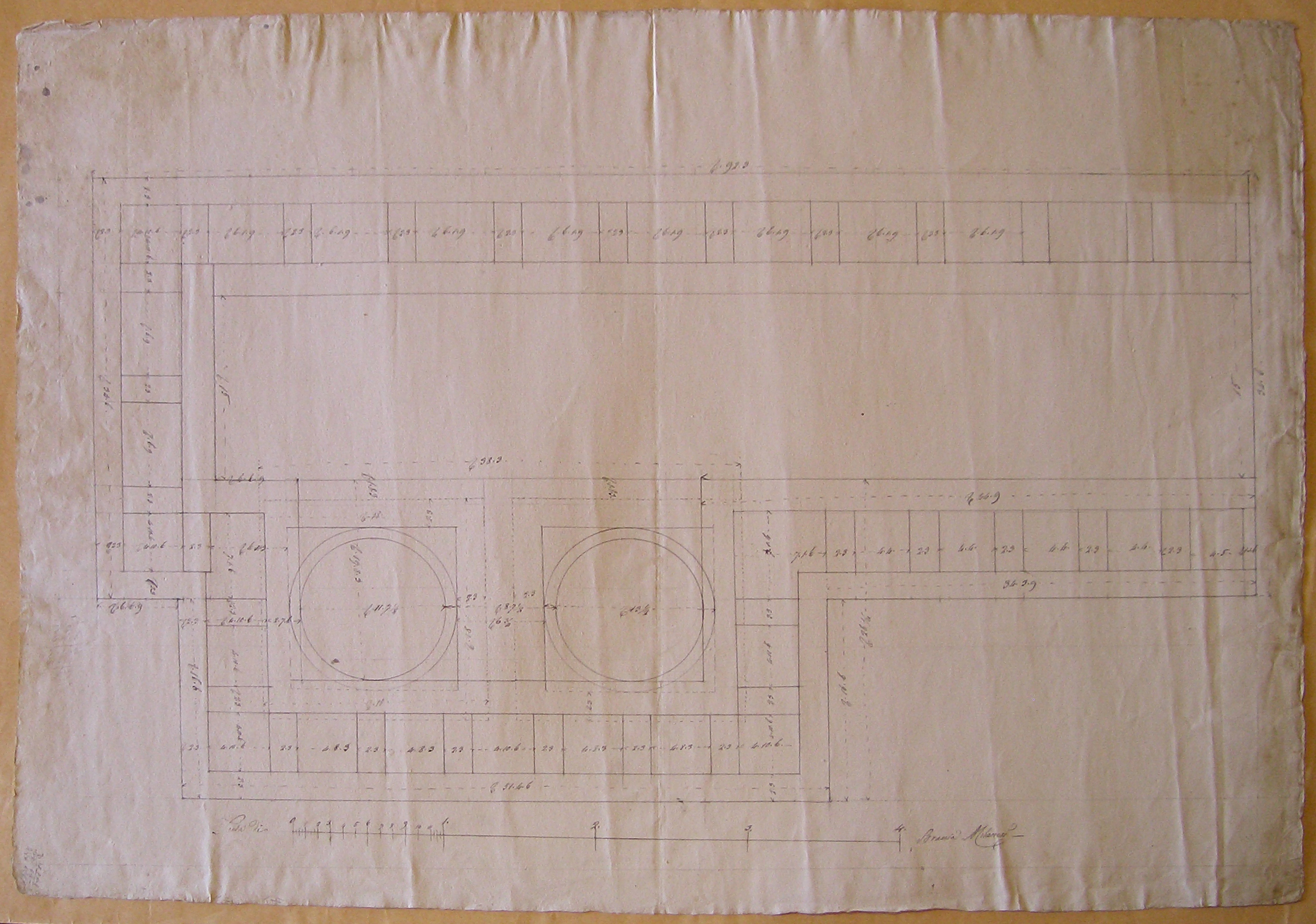 Progetto architettonico: cornice retta da colonne. Pianta (disegno architettonico) di Nava Ambrogio (attribuito) (sec. XIX)