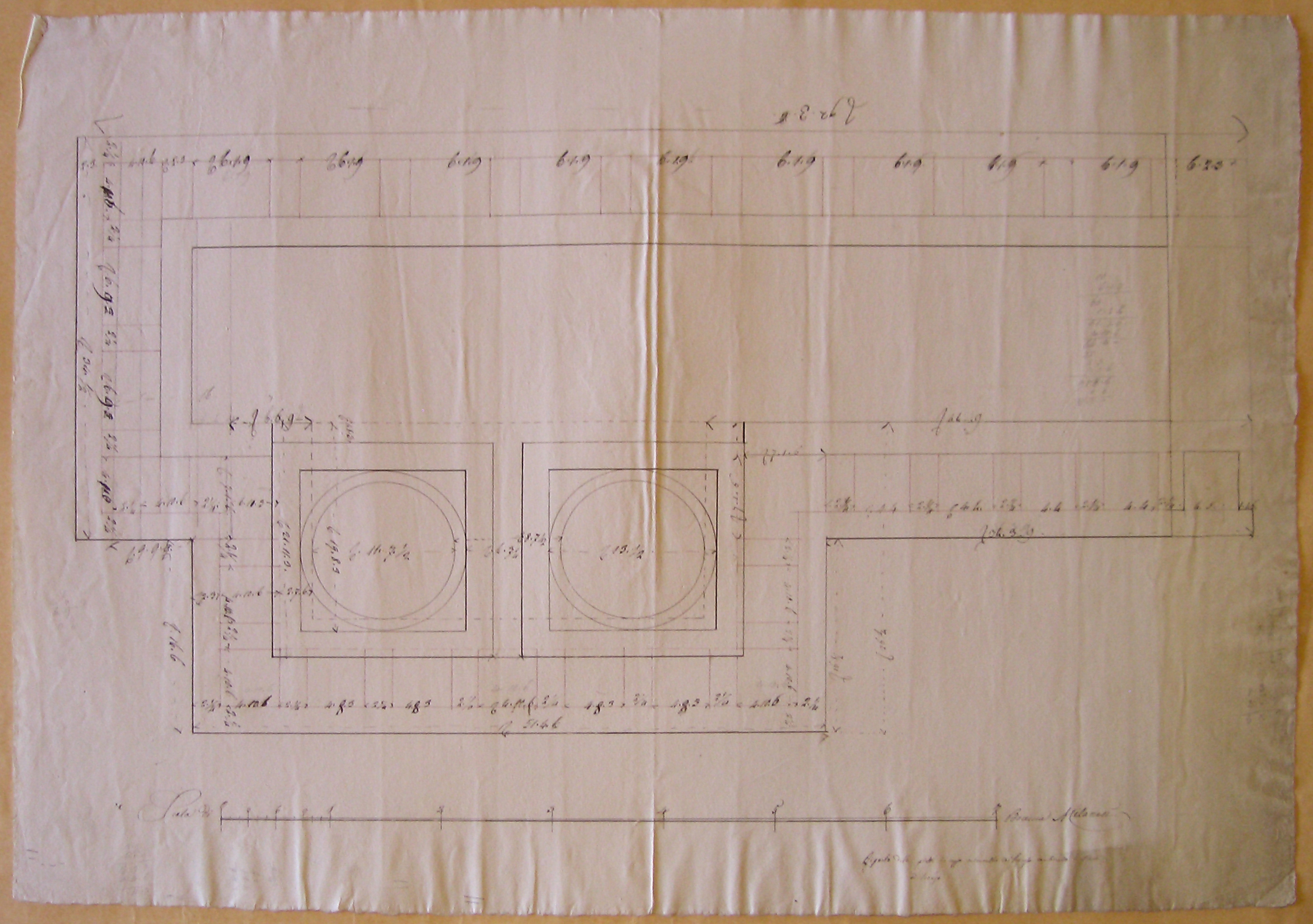 Progetto architettonico: cornice retta da colonne. Pianta (disegno architettonico) di Nava Ambrogio (attribuito) (sec. XIX)