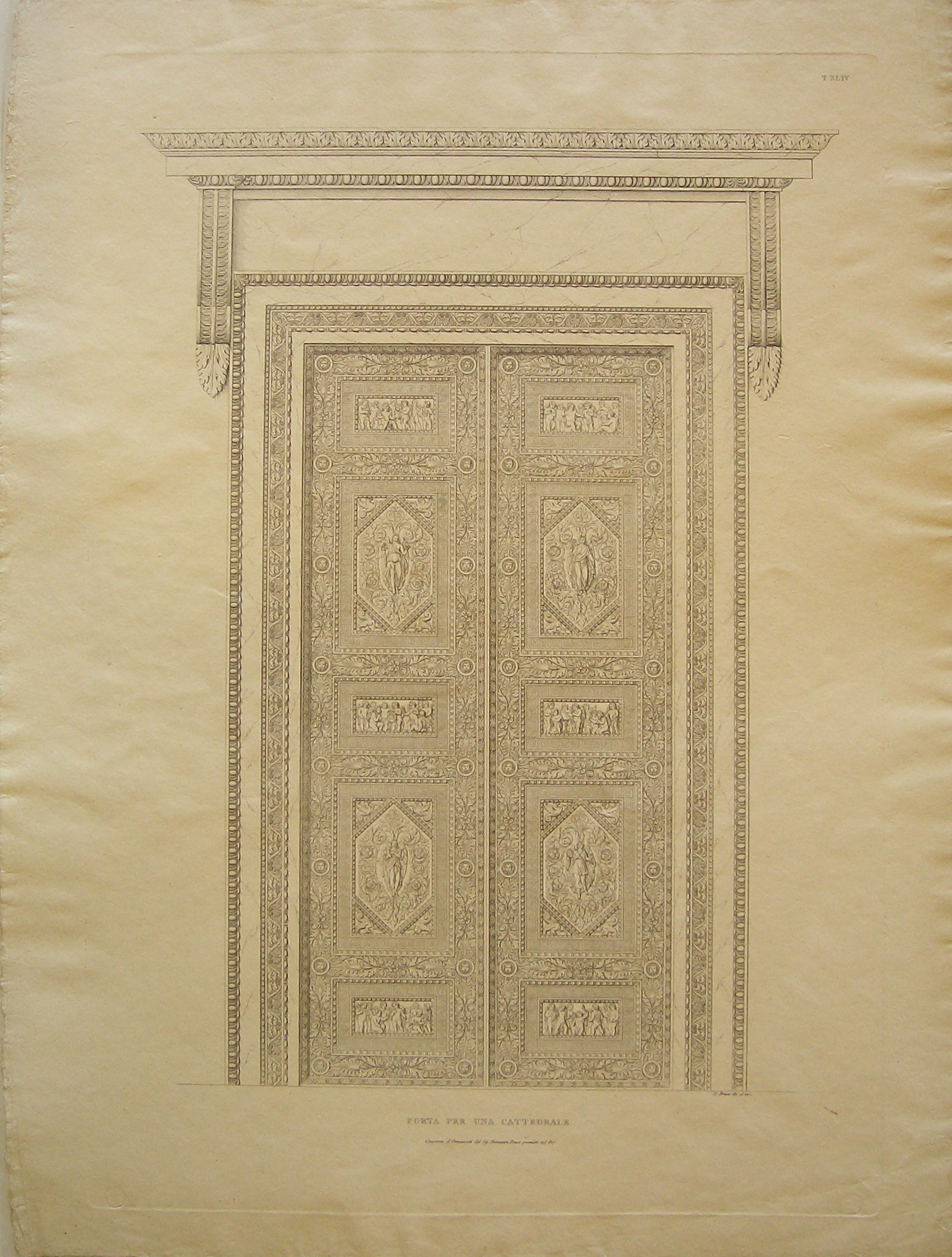 Porta per una cattedrale. Concorso d'ornamenti del sig. Domenico Brusa premiate nel 1827, Prospetto di una porta per una cattedrale (stampa) di Brusa Domenico (attribuito) (prima metà sec. XIX)