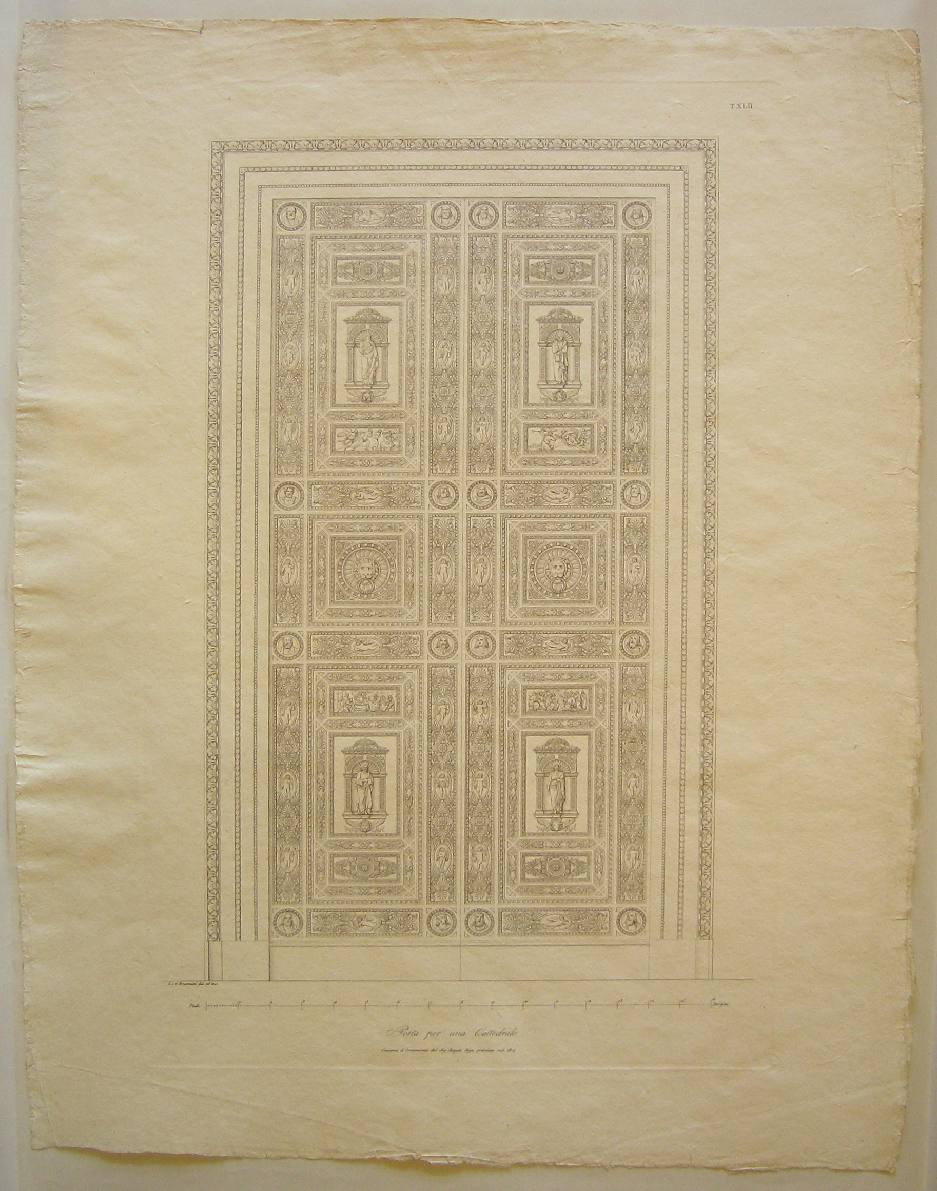 Porta per una cattedrale. Concorso d'ornamenti del sig. Angelo Moja premiato nel 1827, Prospetto di una porta per una cattedrale (stampa) di Fratelli Bramati Giuseppe e Luigi (attribuito), Francesco Moja (attribuito) (prima metà sec. XIX)