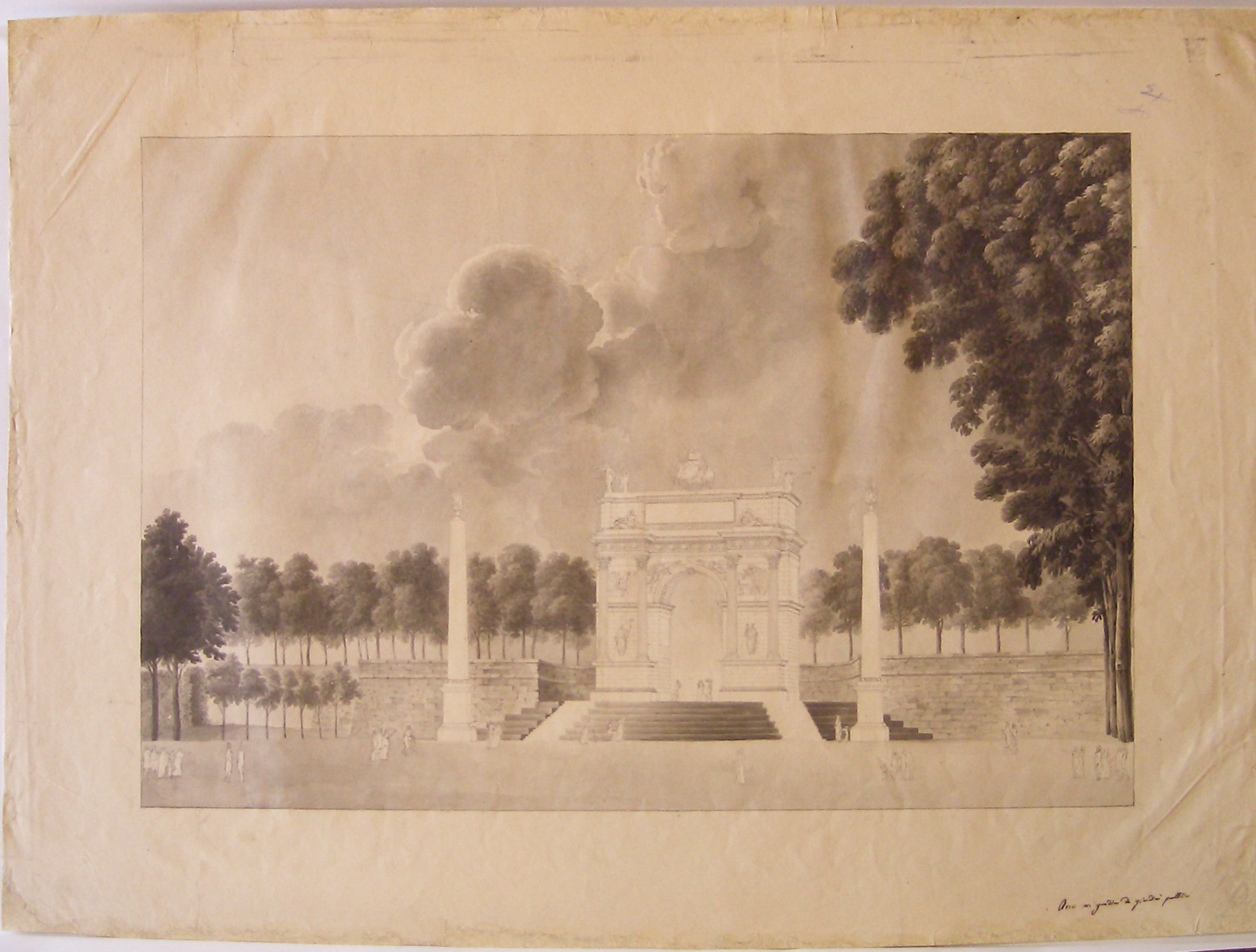 Arco ai gradini dei giardini pubblici, Progetto per l'arco provvisorio ai Giardini Pubblici (Milano): veduta prospettica (disegno architettonico, opera isolata) di Cagnola Luigi (sec. XIX)