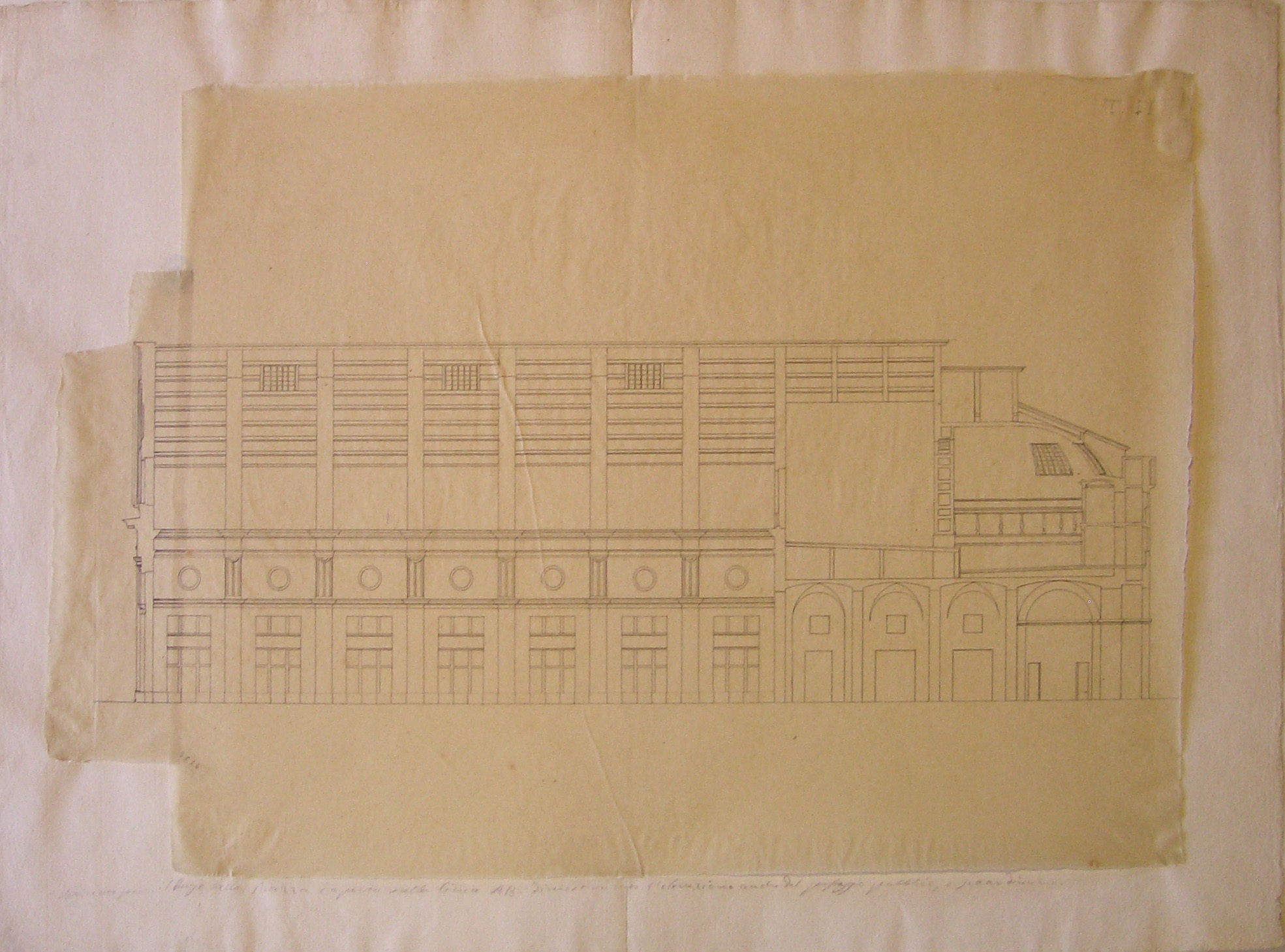 Progetto per la Corsia del Giardino (Milano): sezione longitudinale della piazza coperta (disegno architettonico, opera isolata) di Cagnola Luigi (sec. XIX)