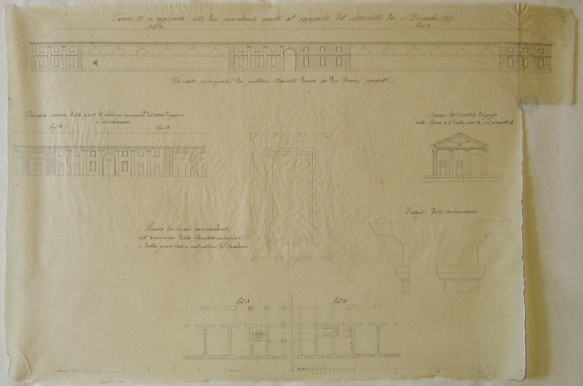 Progetto per il Macello Nuovo di Milano: pianta, prospetto, sezioni e dettagli (disegno architettonico, opera isolata) di Pestagalli Pietro (sec. XIX)
