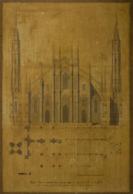 Progetto per il completamento della facciata del Duomo (Milano): prospetto e pianta della facciata (prima variante) (disegno architettonico, opera isolata) di Cagnola Luigi (sec. XVIII)