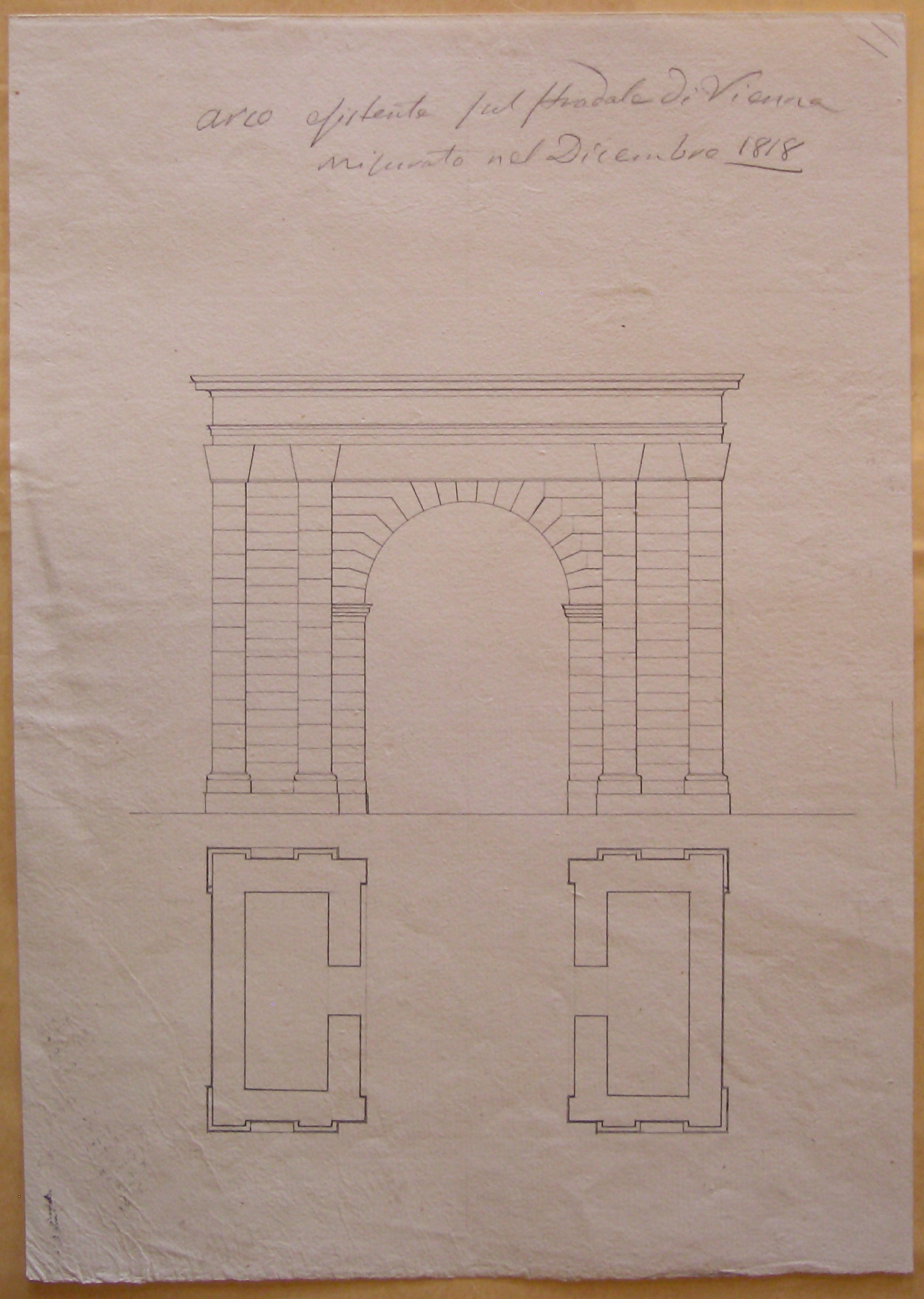 Progetto per il Burgthor (Vienna): pianta e prospetto di arco esistente (disegno architettonico, opera isolata) di Cagnola Luigi (sec. XIX)