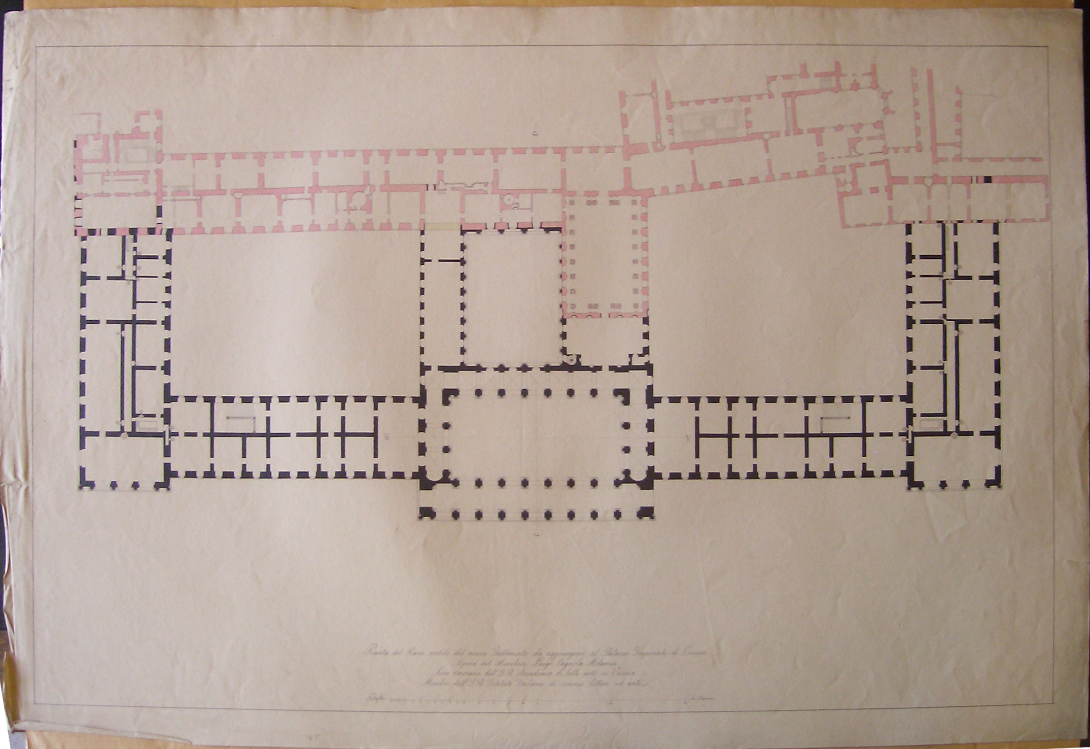 Progetto per l'ampliamento del Palazzo Imperiale (Vienna): pianta del piano nobile (seconda variante) (disegno architettonico, opera isolata) di Cagnola Luigi (sec. XIX)