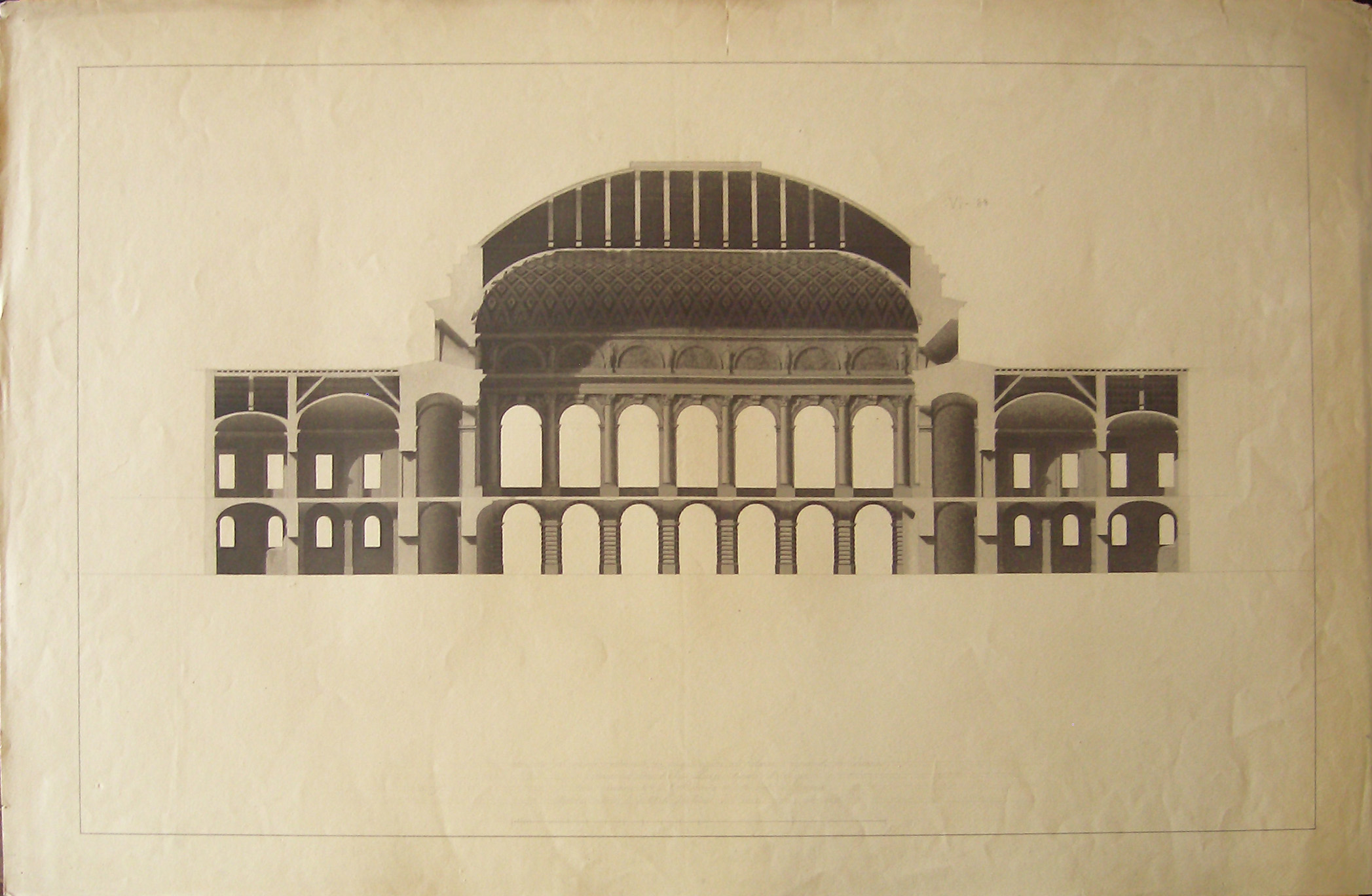 Progetto per L'ampliamento del Palazzo Imperiale (Vienna): sezione longitudinale della facciata (seconda variante) (disegno architettonico, opera isolata) di Cagnola Luigi (sec. XIX)