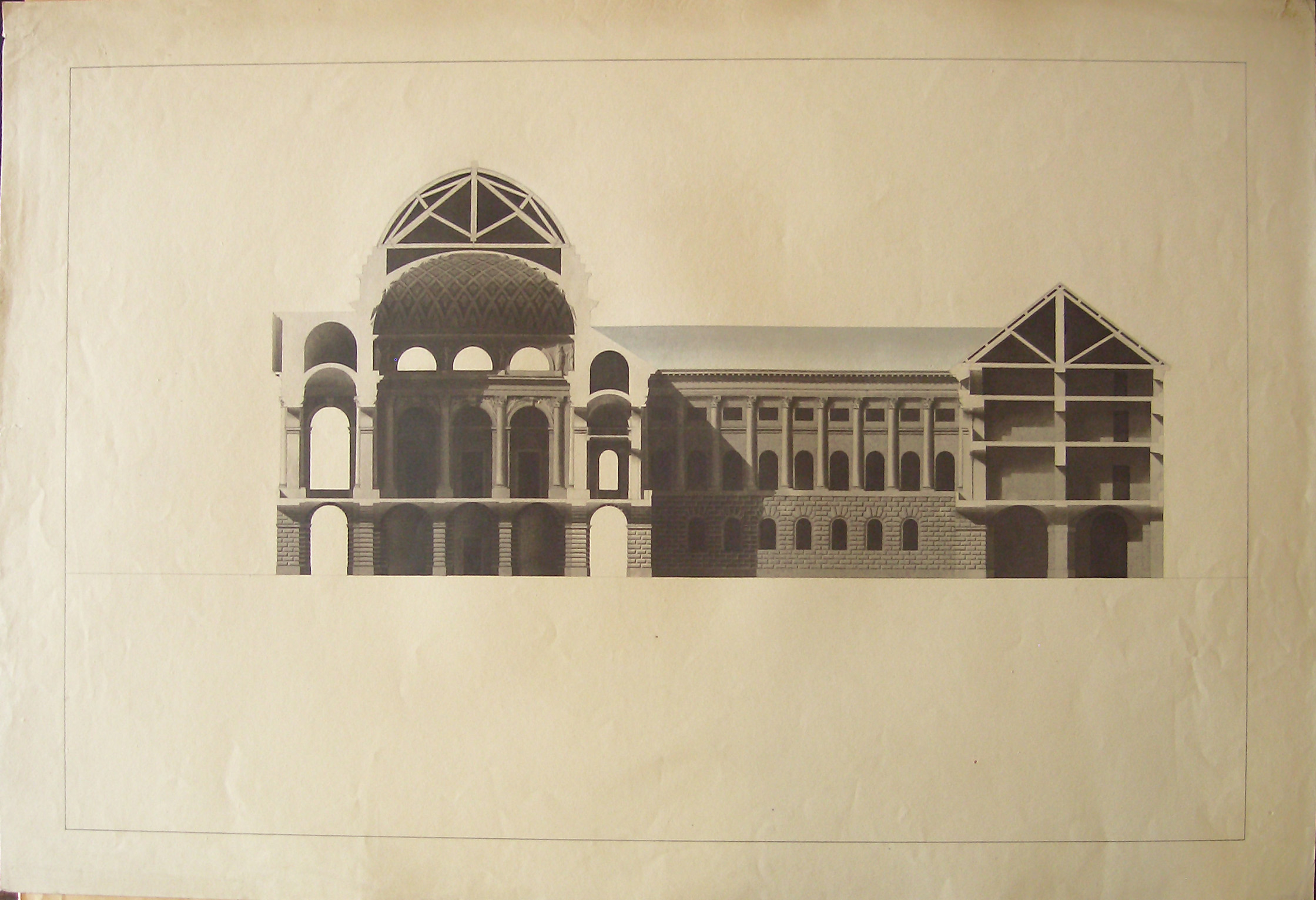 Progetto per l'ampliamento del Palazzo Imperiale (Vienna): sezione longitudinale (seconda variante) (disegno architettonico, opera isolata) di Cagnola Luigi (sec. XIX)