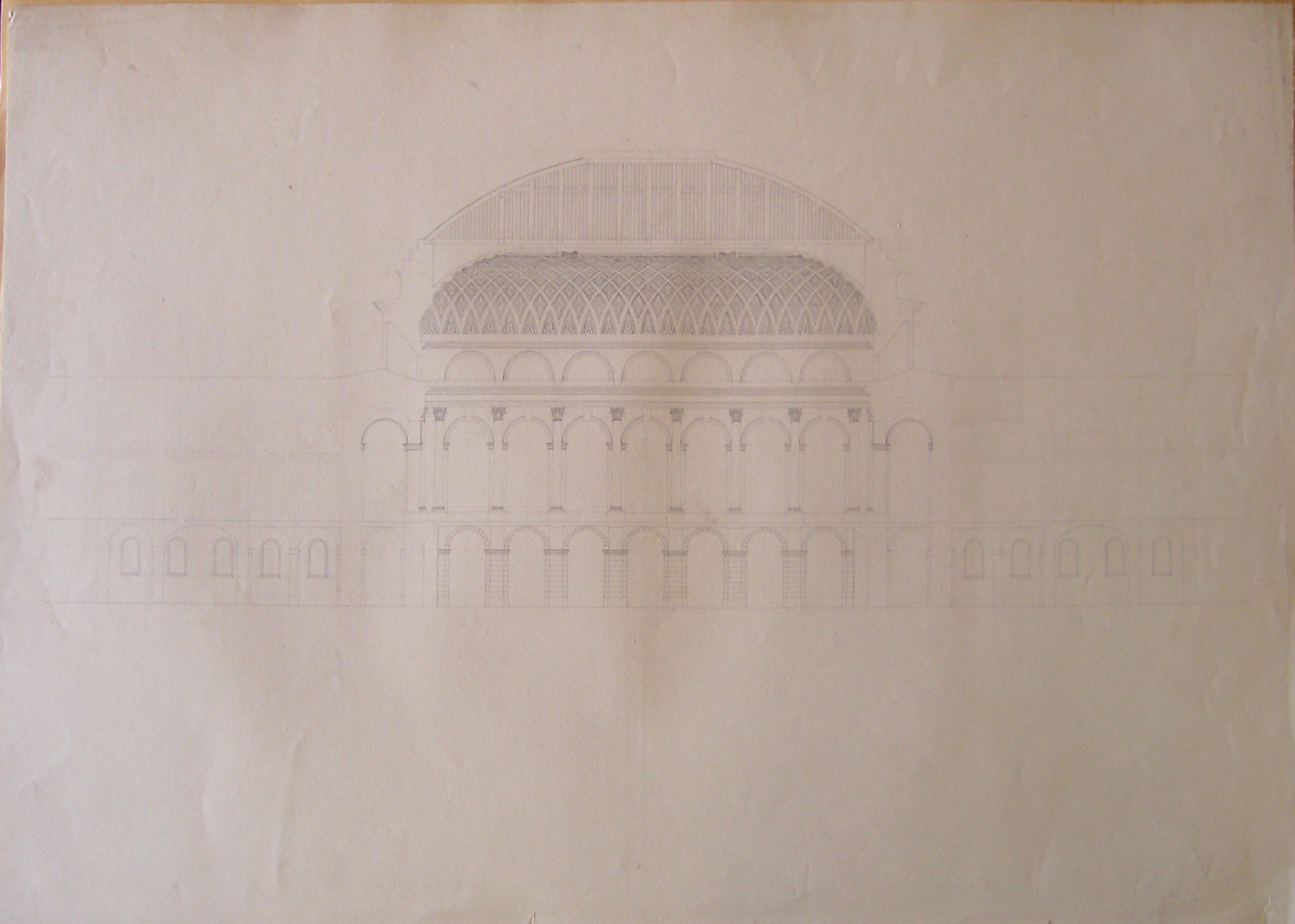 Progetto per l'ampliamento del Palazzo Imperiale (Vienna): sezione longitudinale della facciata (seconda variante) (disegno architettonico, opera isolata) di Cagnola Luigi (sec. XIX)