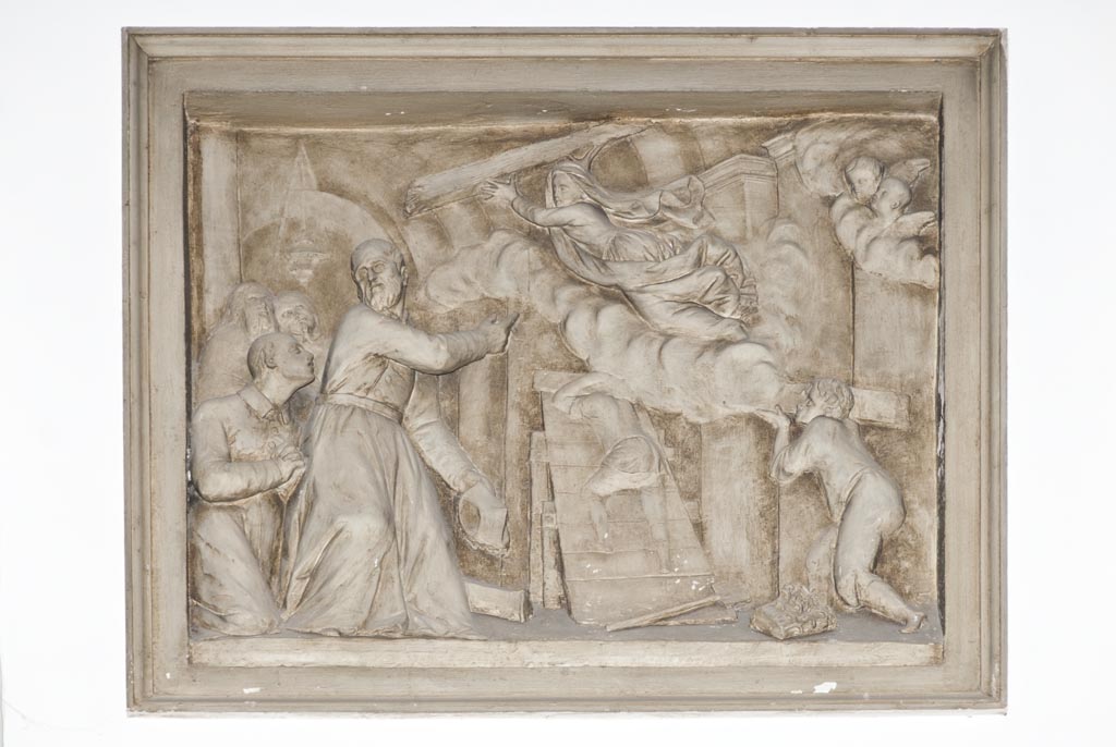 Maria protegge la costruzione della Chiesa della Vallicella (rilievo, elemento d'insieme) di Vianelli Giuseppe Maria (terzo quarto sec. XIX)
