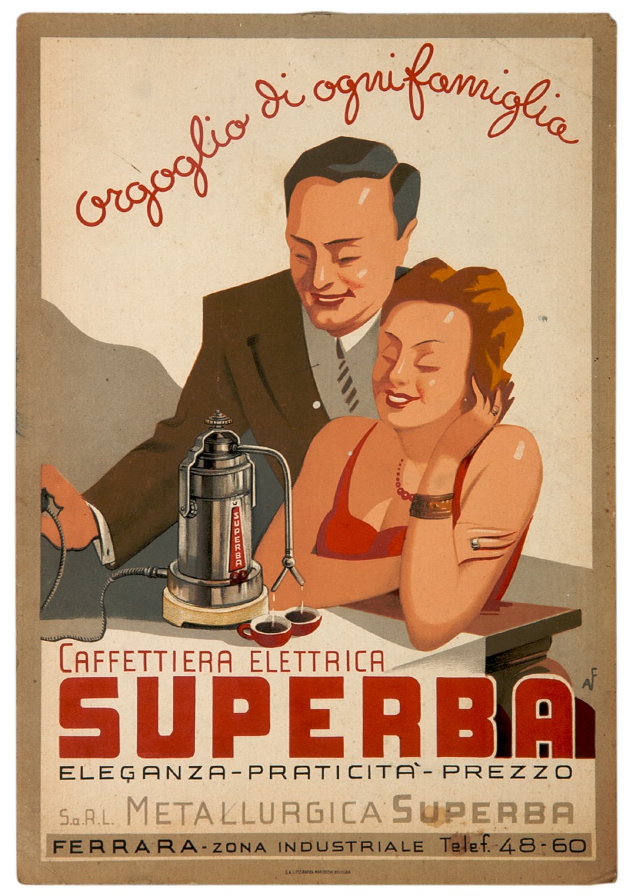 un uomo e una donna seduti sorridenti davatnti ad una caffettiera elettrica (locandina) di Ferrari Amerigo (sec. XX)