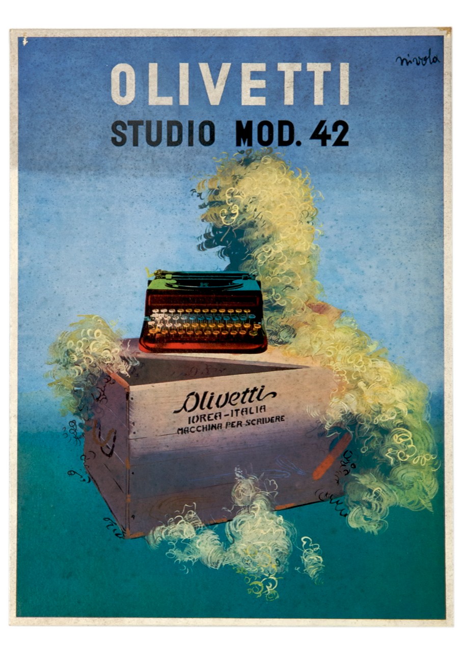 cassa da imballaggio con macchina per scrivere (locandina) di Nivola Costantino (sec. XX)