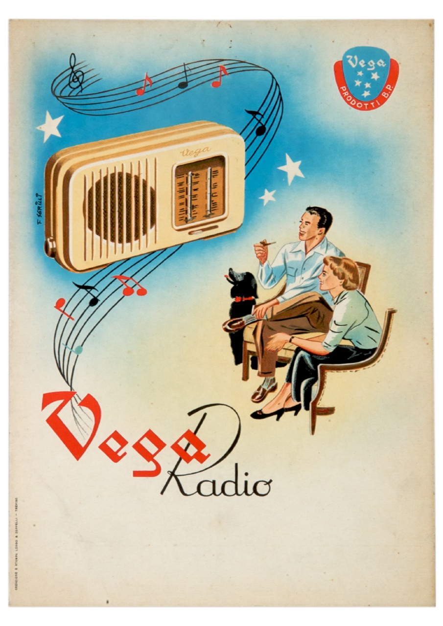 un uomo e una donna seduti con cane ascoltano la radio (locandina) di Sgrilli Franco (sec. XX)