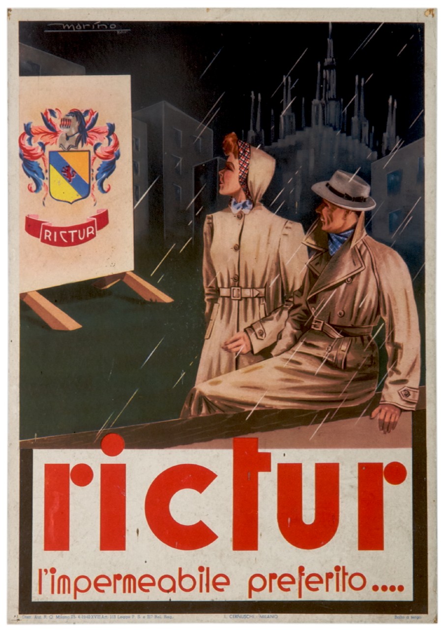 un uomo e una donna in impermeabile sotto la pioggia (locandina) di Venturi Marino (sec. XX)