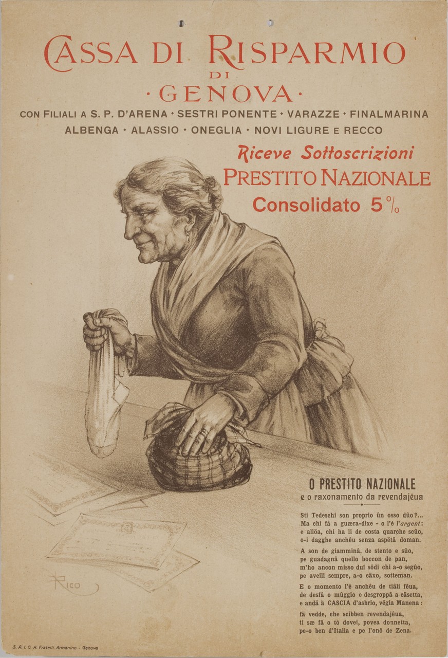 donna anziana appoggia sul tavolo involti pieni di soldi (locandina) di Rico (sec. XX)