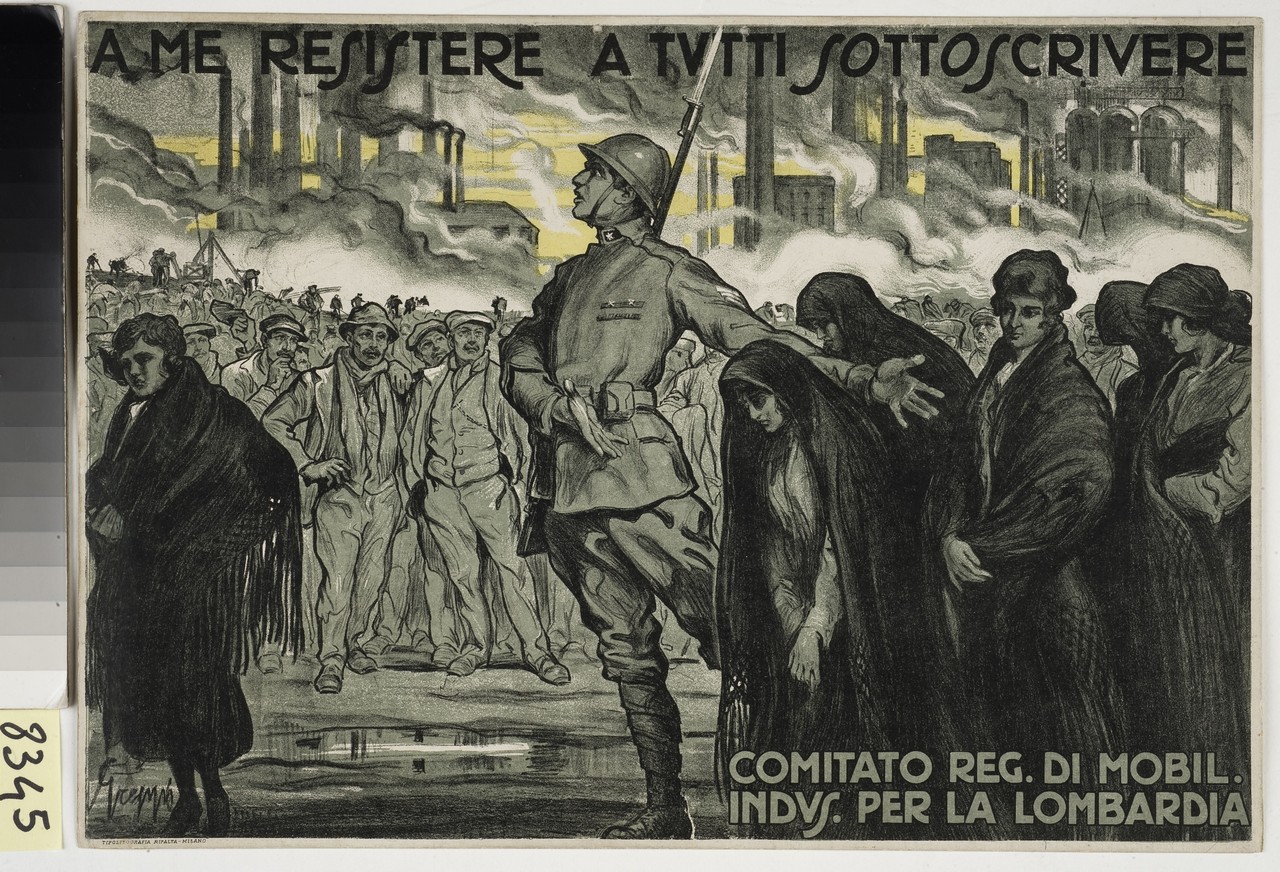 fante italiano mostra ad una folla di lavoratori un gruppo di donne in lutto (locandina) di Greppi Giovanni (sec. XIX)