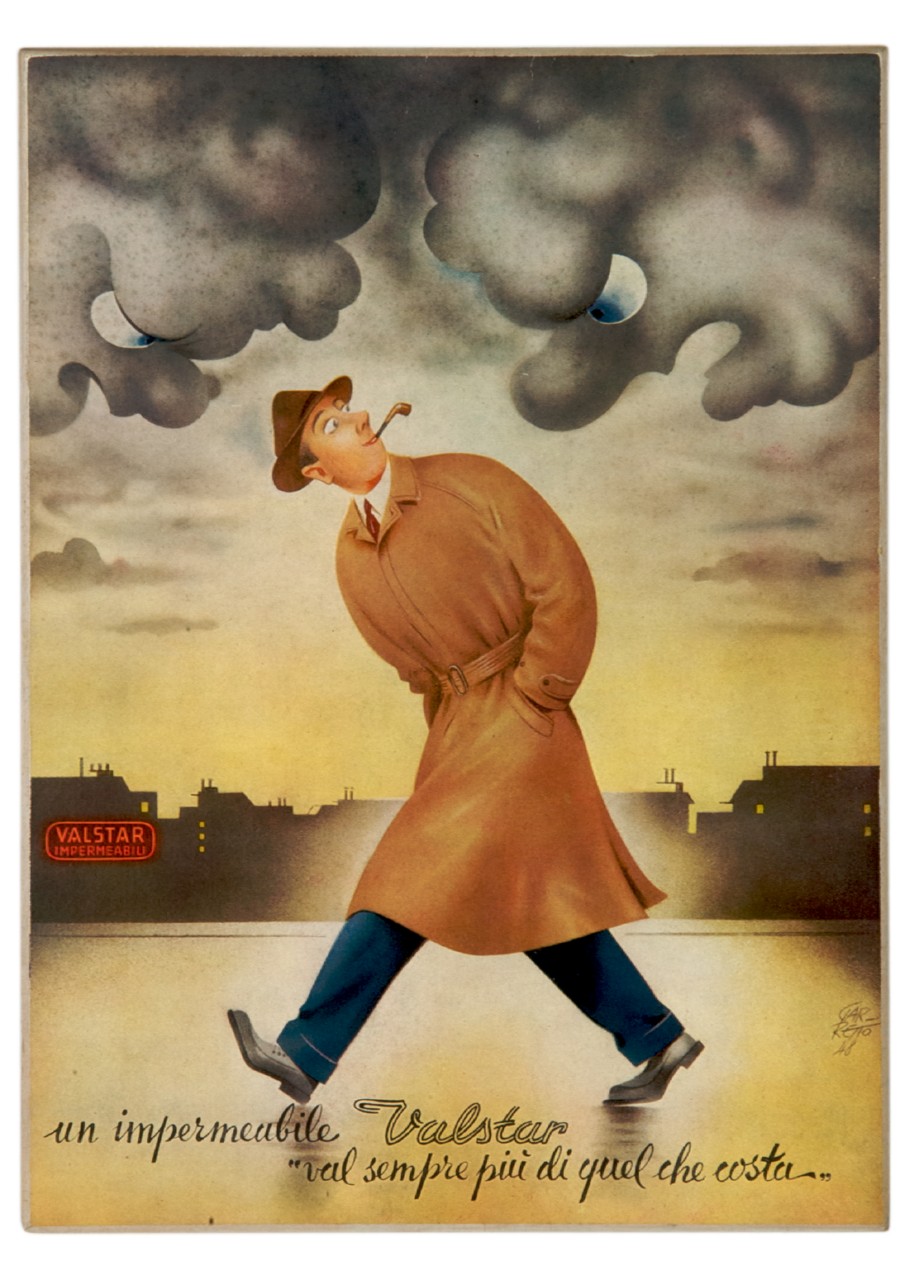 uomo in impermeabile guarda sereno due minacciose nuvole figurate (locandina) di Garretto Paolo Federico (sec. XX)