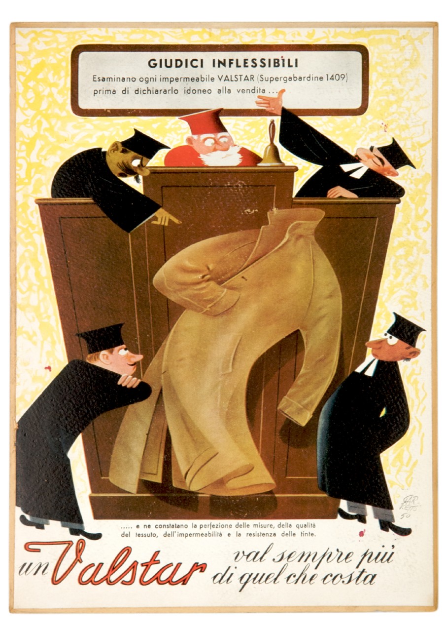 giudici inflessibili esaminano un impermeabile (tabella) di Garretto Paolo Federico (sec. XX)