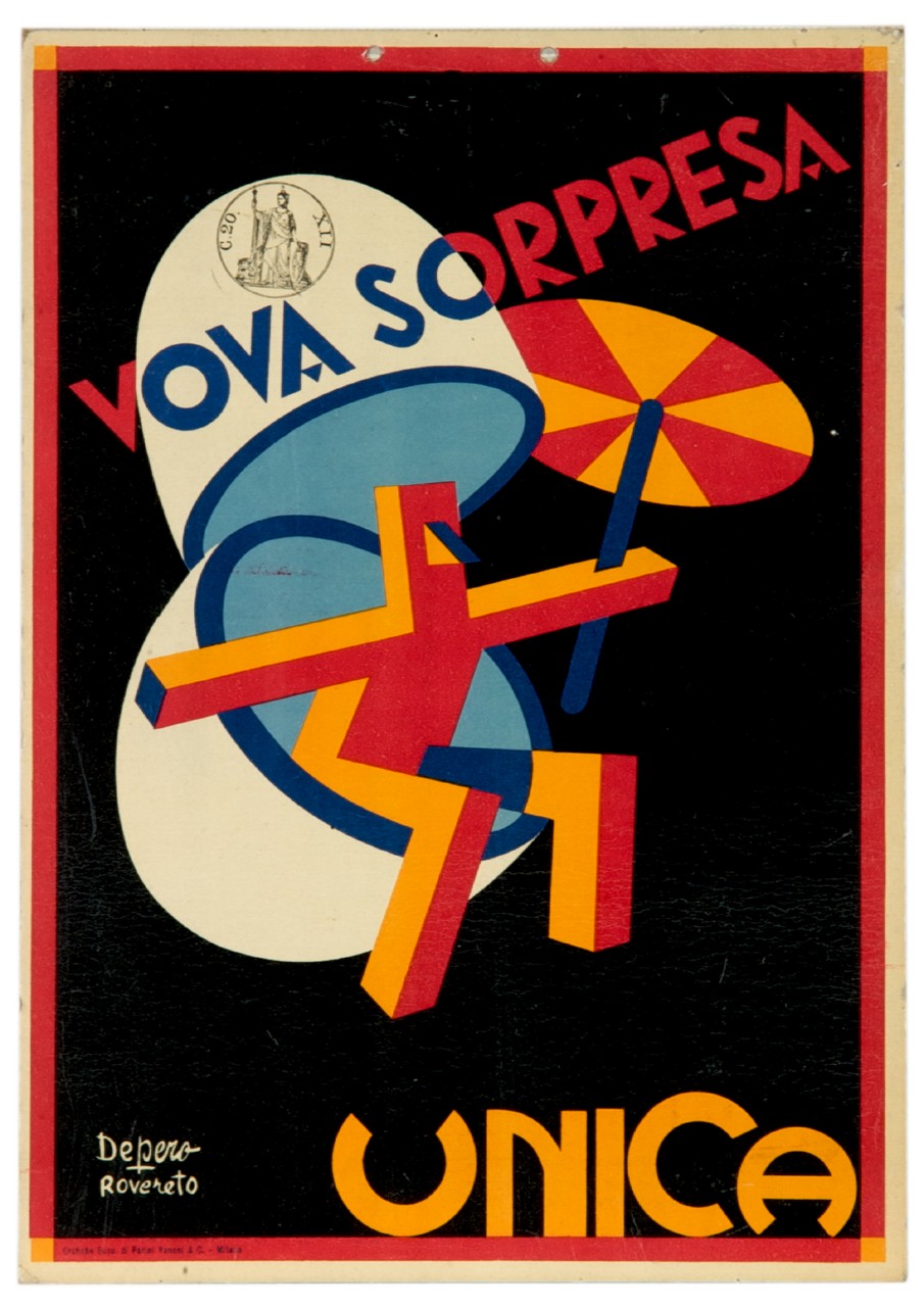 omino stilizzato con ombrello esce dall'uovo di Pasqua (locandina) di Depero Fortunato (sec. XX)