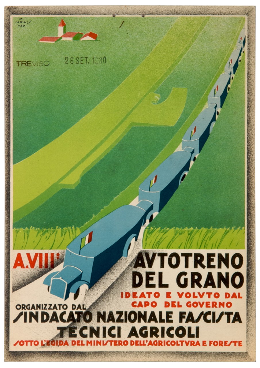 atutotreno con bandierine tricolore (locandina) di Melis Melkiorre (sec. XX)