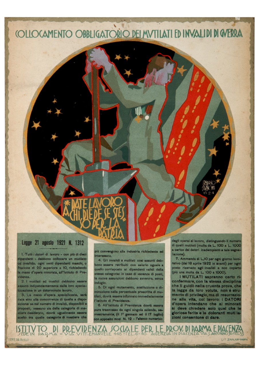 militare con martello e incudine inscritto in un cerchio decorato con stelle (locandina) di Carboni Erberto detto Lince (sec. XX)